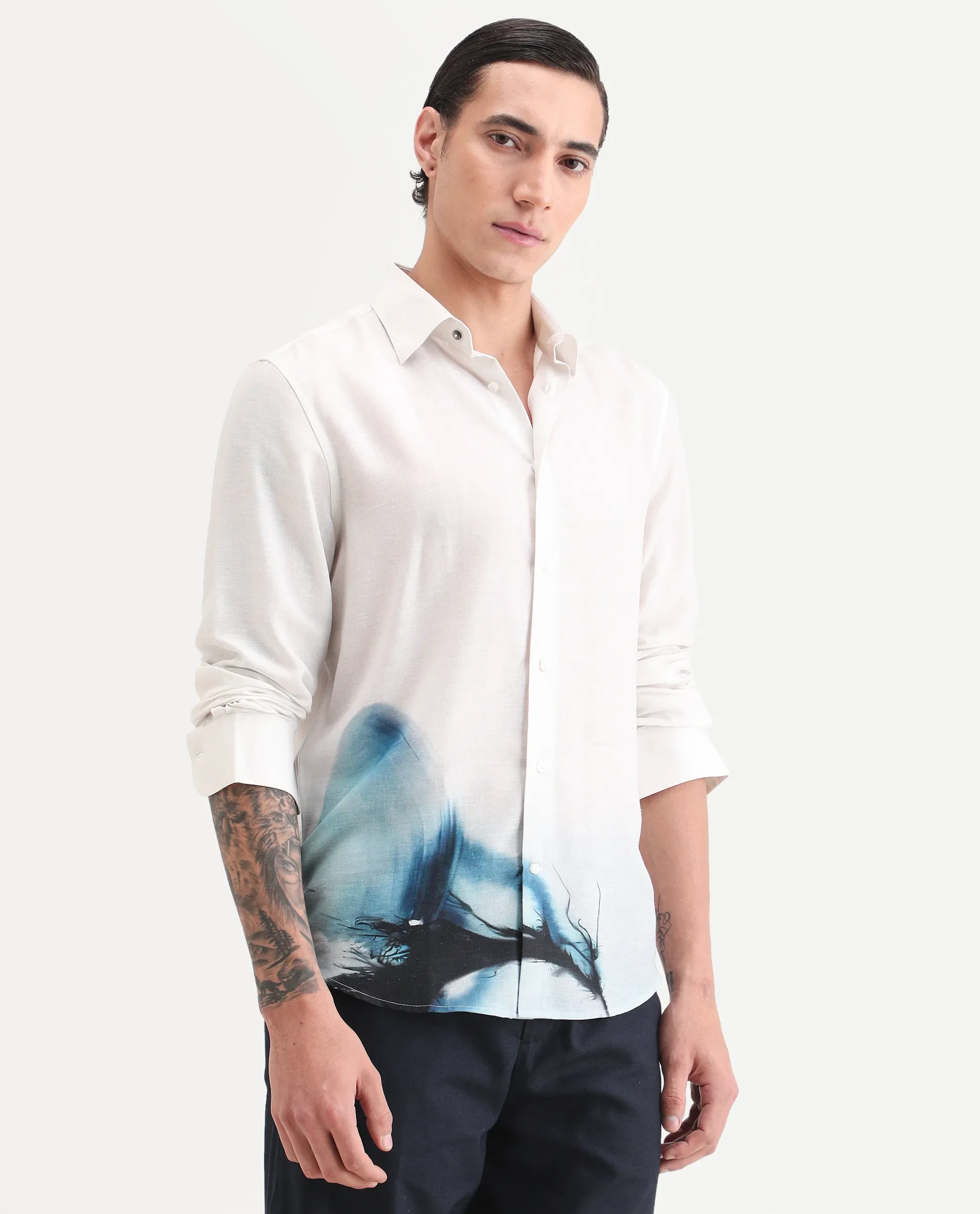Rare Rabbit Men's Uvex White Linen Blend Fabric Full Sleeve Spread Collar Regular Fit Abstract Print Shirt - Image 5