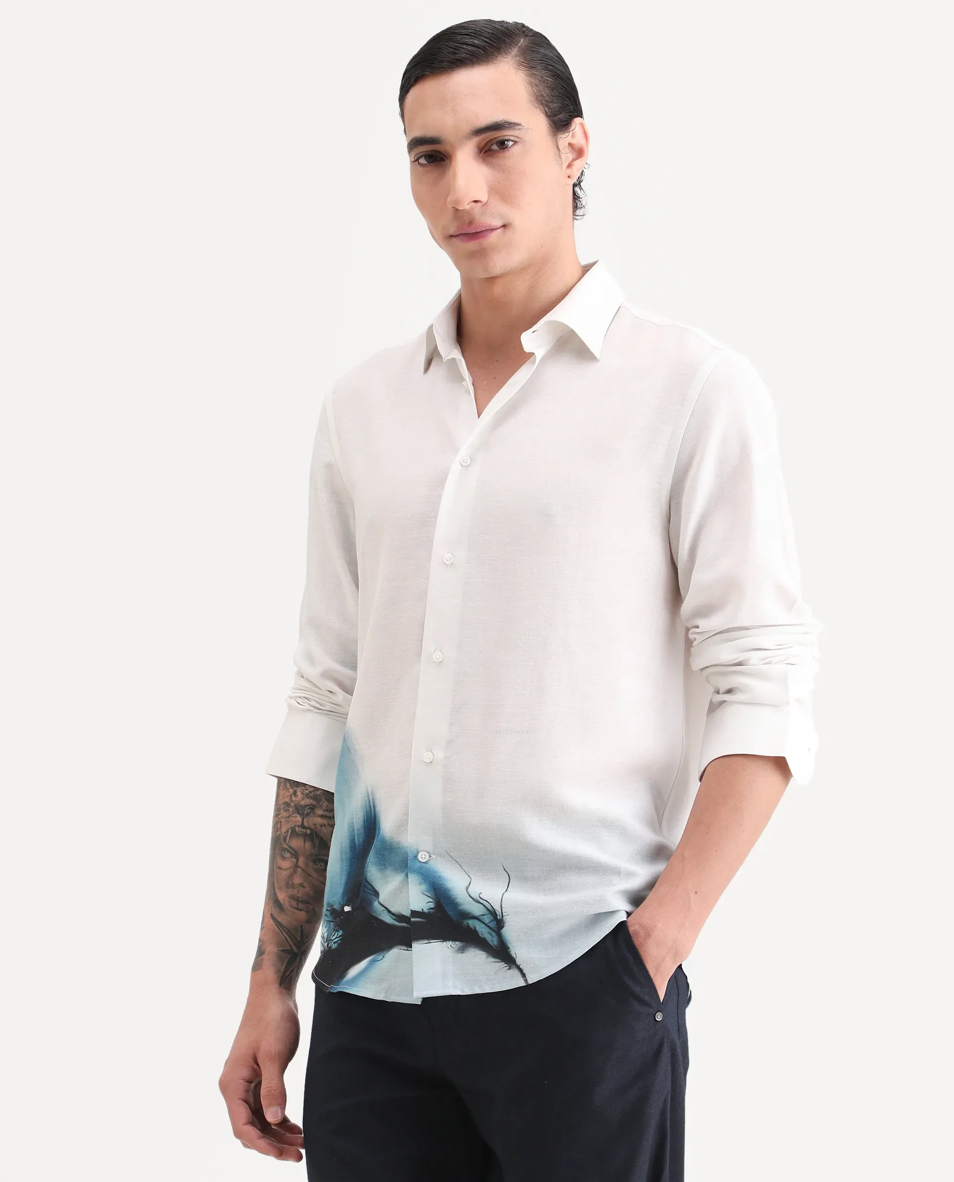 Rare Rabbit Men's Uvex White Linen Blend Fabric Full Sleeve Spread Collar Regular Fit Abstract Print Shirt - Image 6