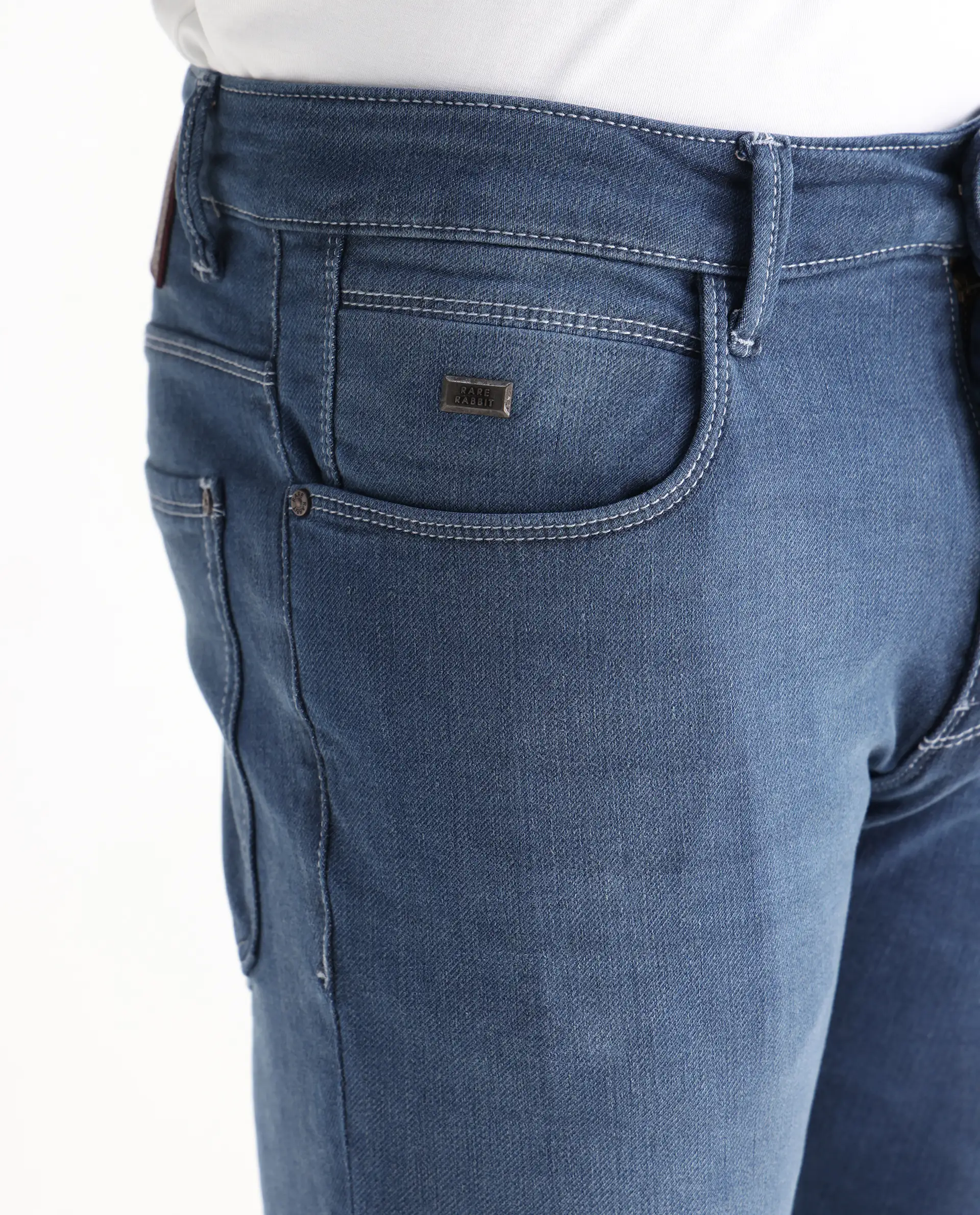 Rare Rabbit Men's Vadim Blue Cotton Plain Hawk Slim Fit Jeans - Image 6
