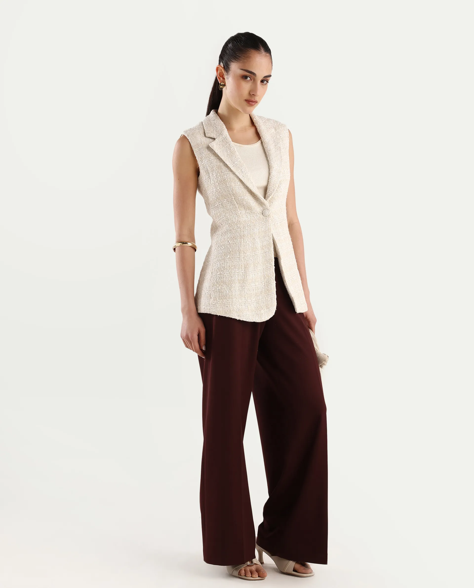Rareism Women's Vadzai Beige Polyester Blend Lapel Neck Plain Sleeveless Mini Fitted Waist Coat - Image 2