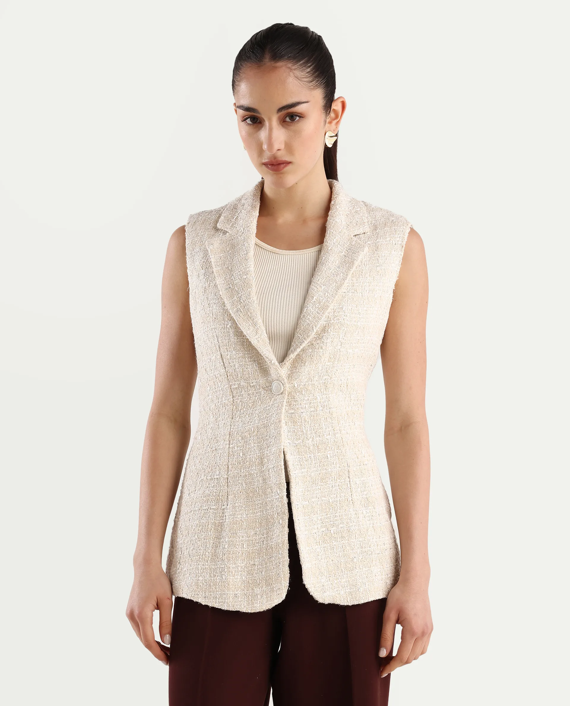 Rareism Women's Vadzai Beige Polyester Blend Lapel Neck Plain Sleeveless Mini Fitted Waist Coat - Image 3