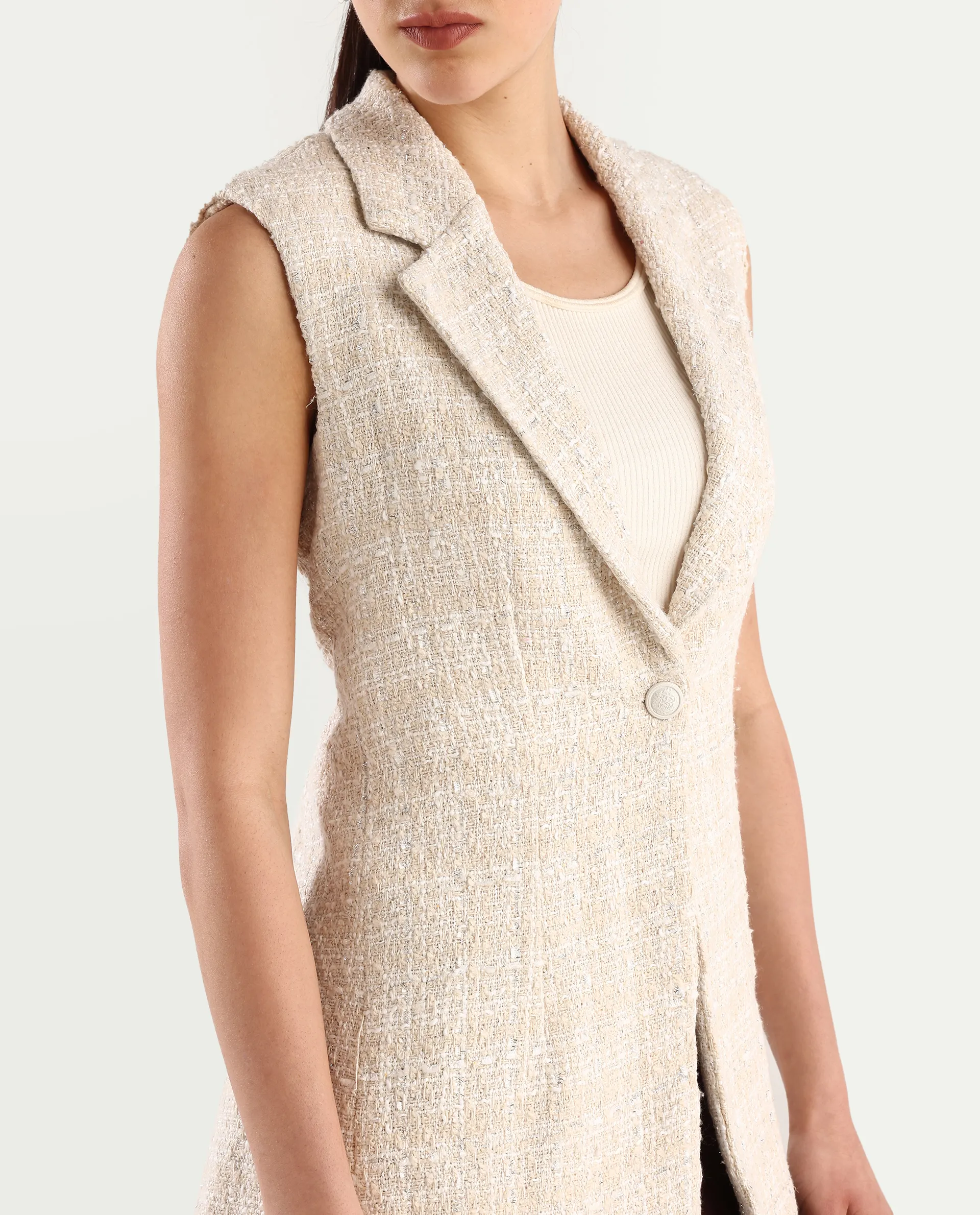 Rareism Women's Vadzai Beige Polyester Blend Lapel Neck Plain Sleeveless Mini Fitted Waist Coat - Image 4