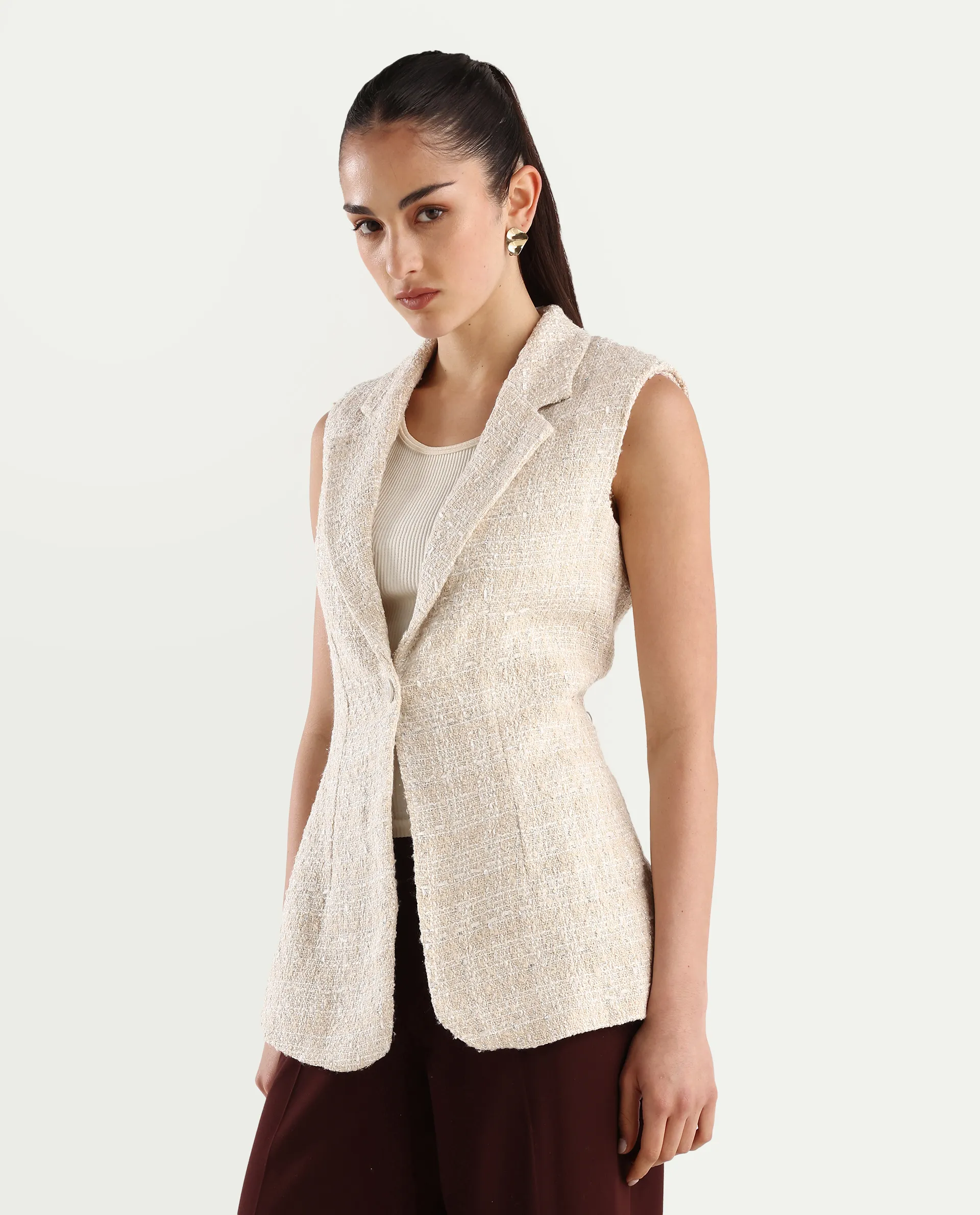 Rareism Women's Vadzai Beige Polyester Blend Lapel Neck Plain Sleeveless Mini Fitted Waist Coat - Image 5