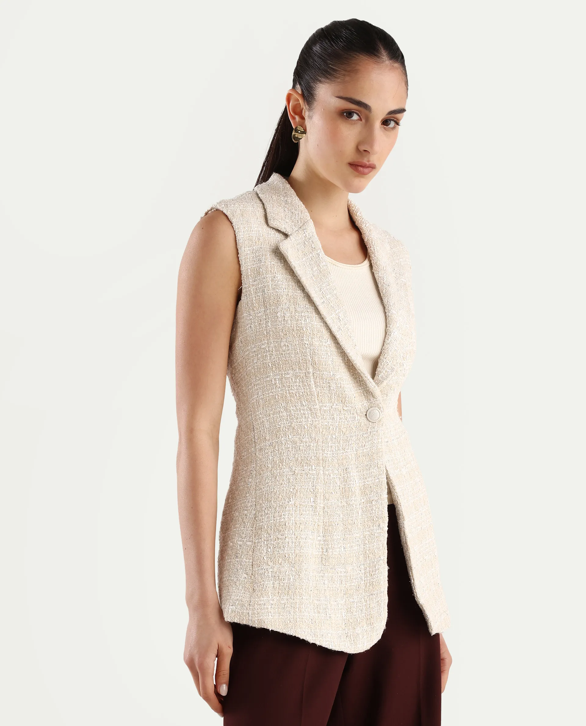 Rareism Women's Vadzai Beige Polyester Blend Lapel Neck Plain Sleeveless Mini Fitted Waist Coat - Image 6