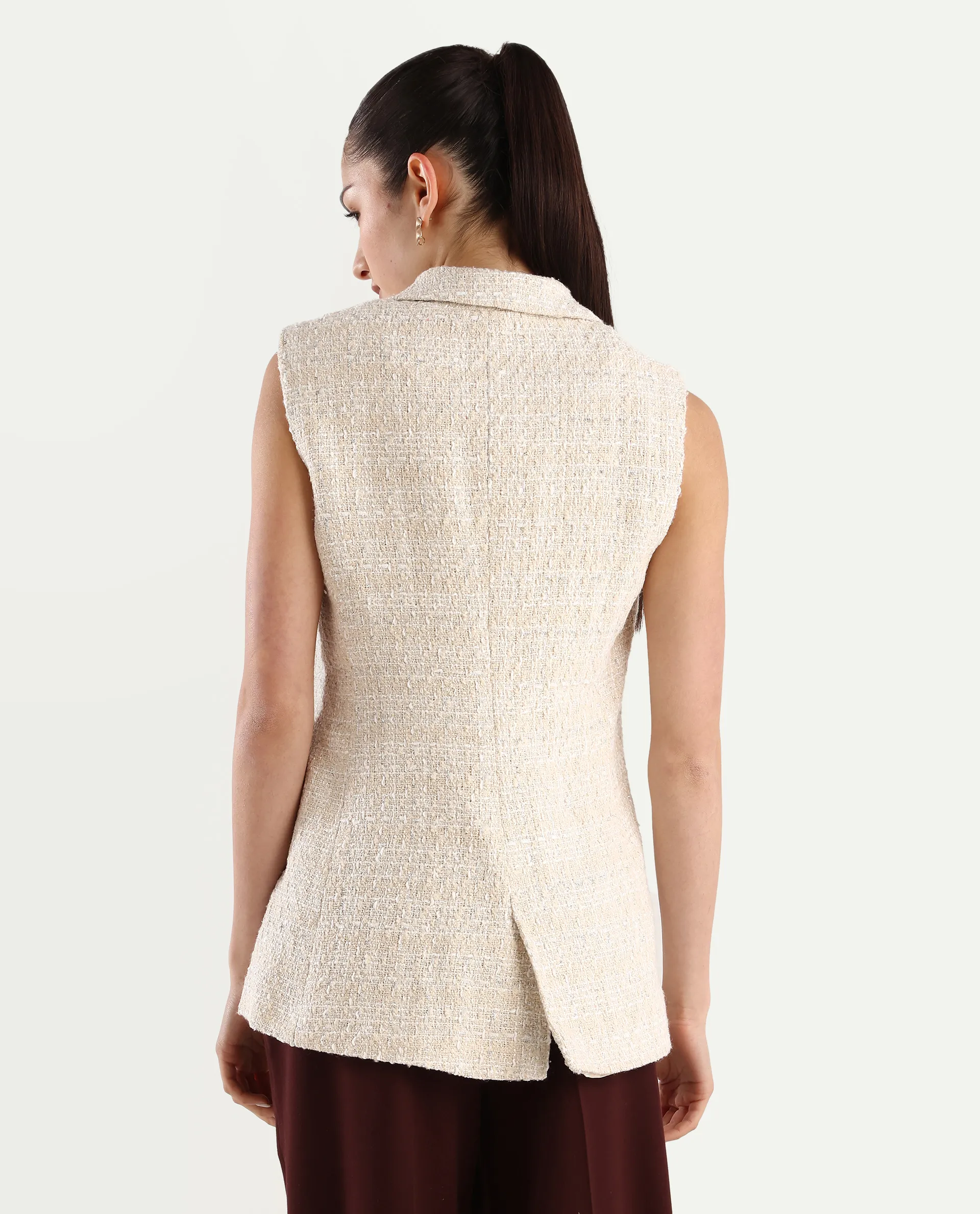 Rareism Women's Vadzai Beige Polyester Blend Lapel Neck Plain Sleeveless Mini Fitted Waist Coat - Image 7