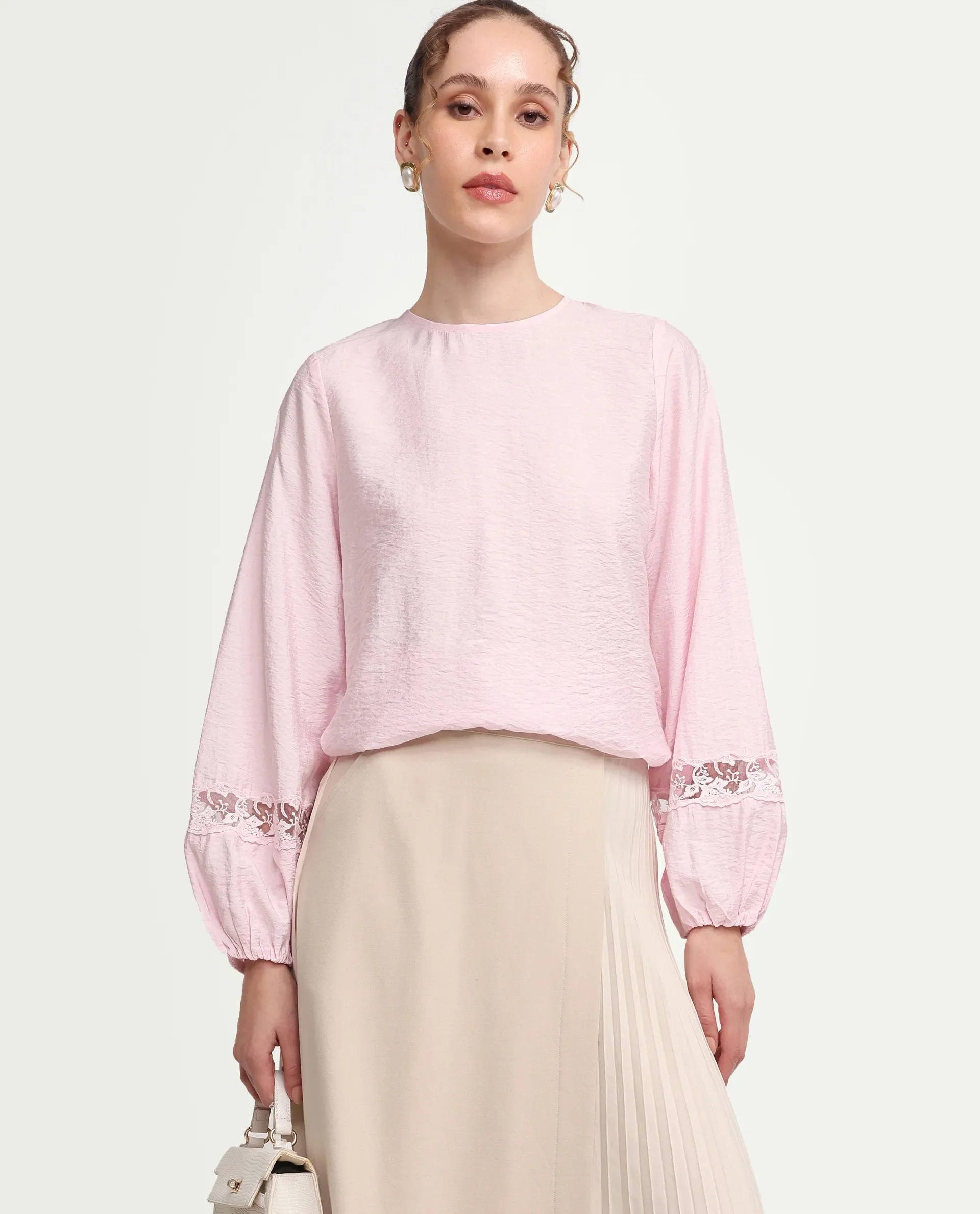 Rareism Women's Vaeli Light Pink Viscose Blend Full Sleeve Crew Neck Relaxed Top