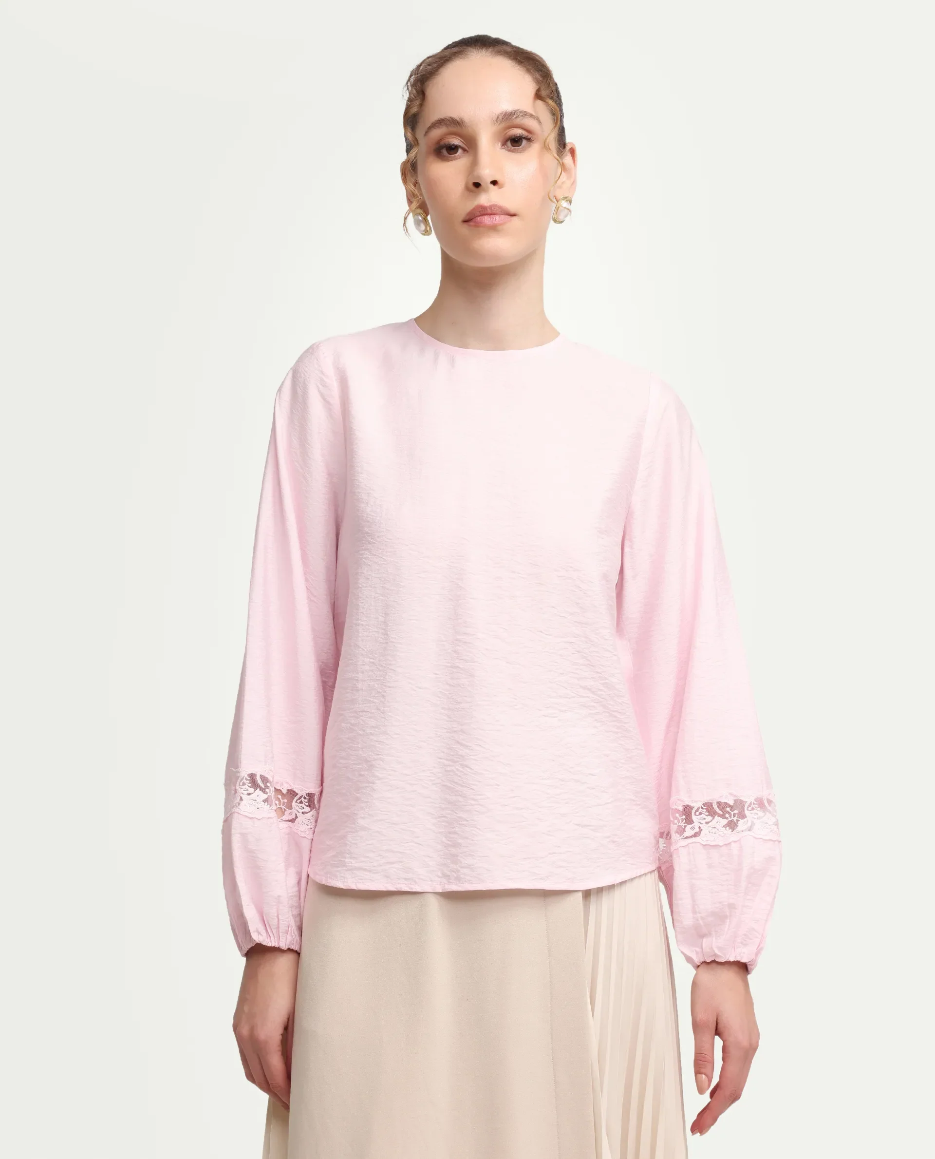 Rareism Women's Vaeli Light Pink Viscose Blend Full Sleeve Crew Neck Relaxed Top - Image 3