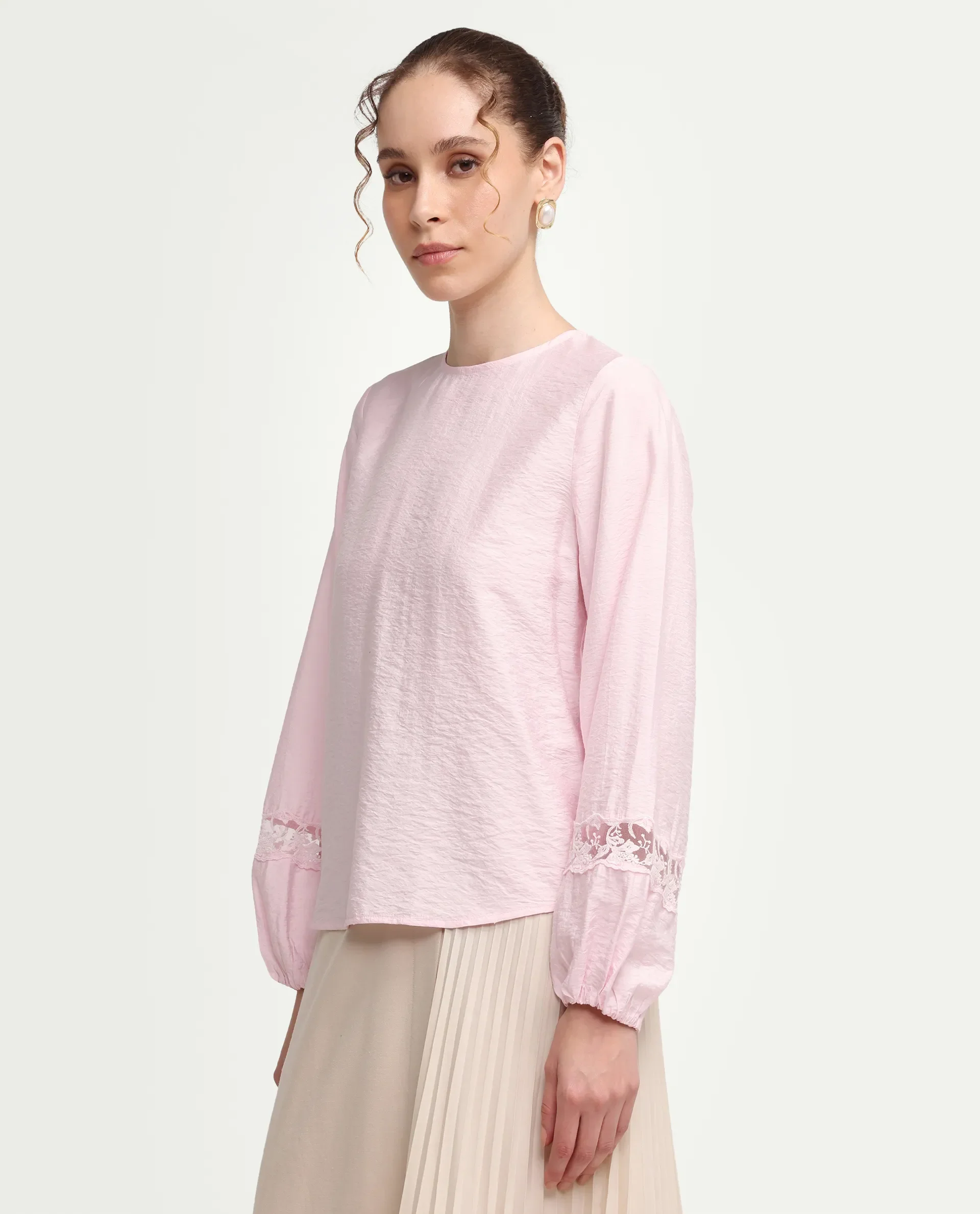 Rareism Women's Vaeli Light Pink Viscose Blend Full Sleeve Crew Neck Relaxed Top - Image 5