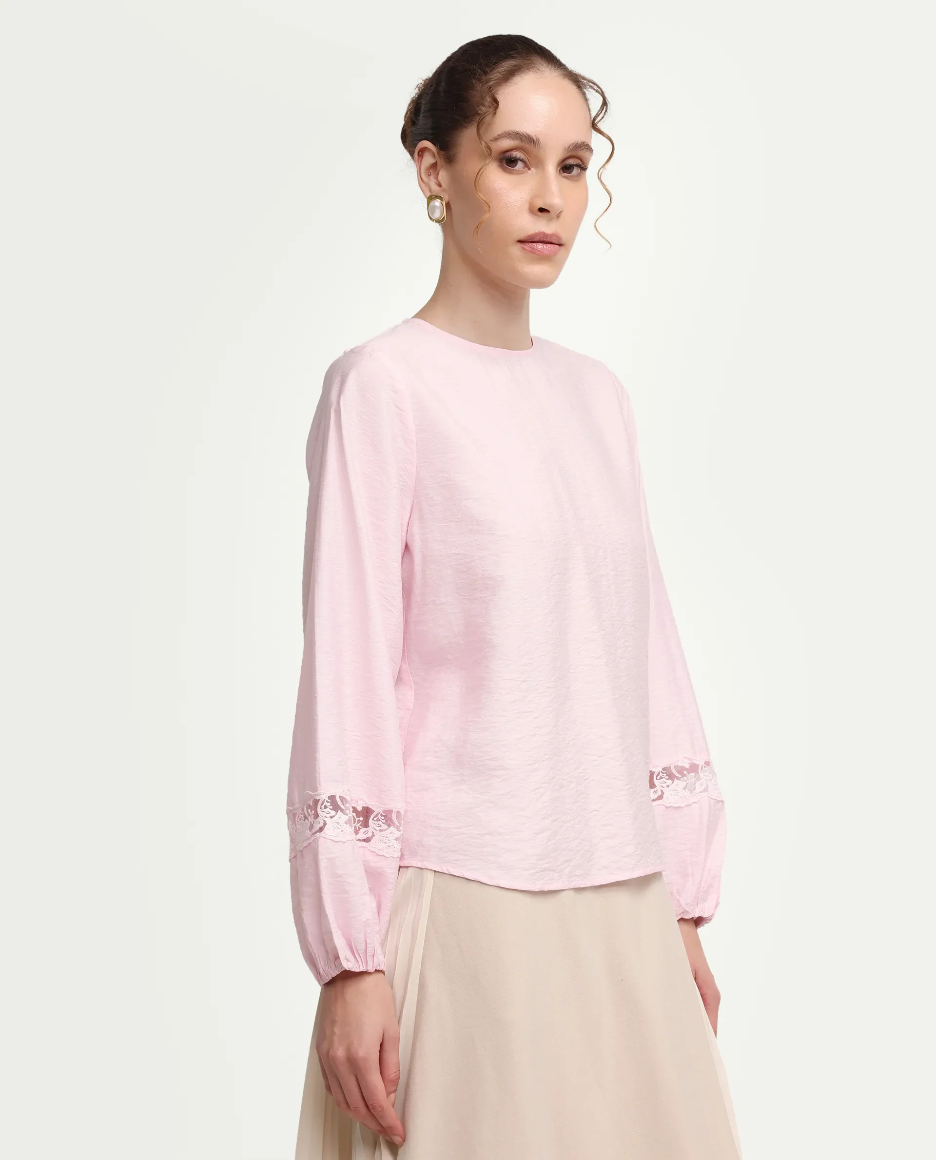 Rareism Women's Vaeli Light Pink Viscose Blend Full Sleeve Crew Neck Relaxed Top - Image 6