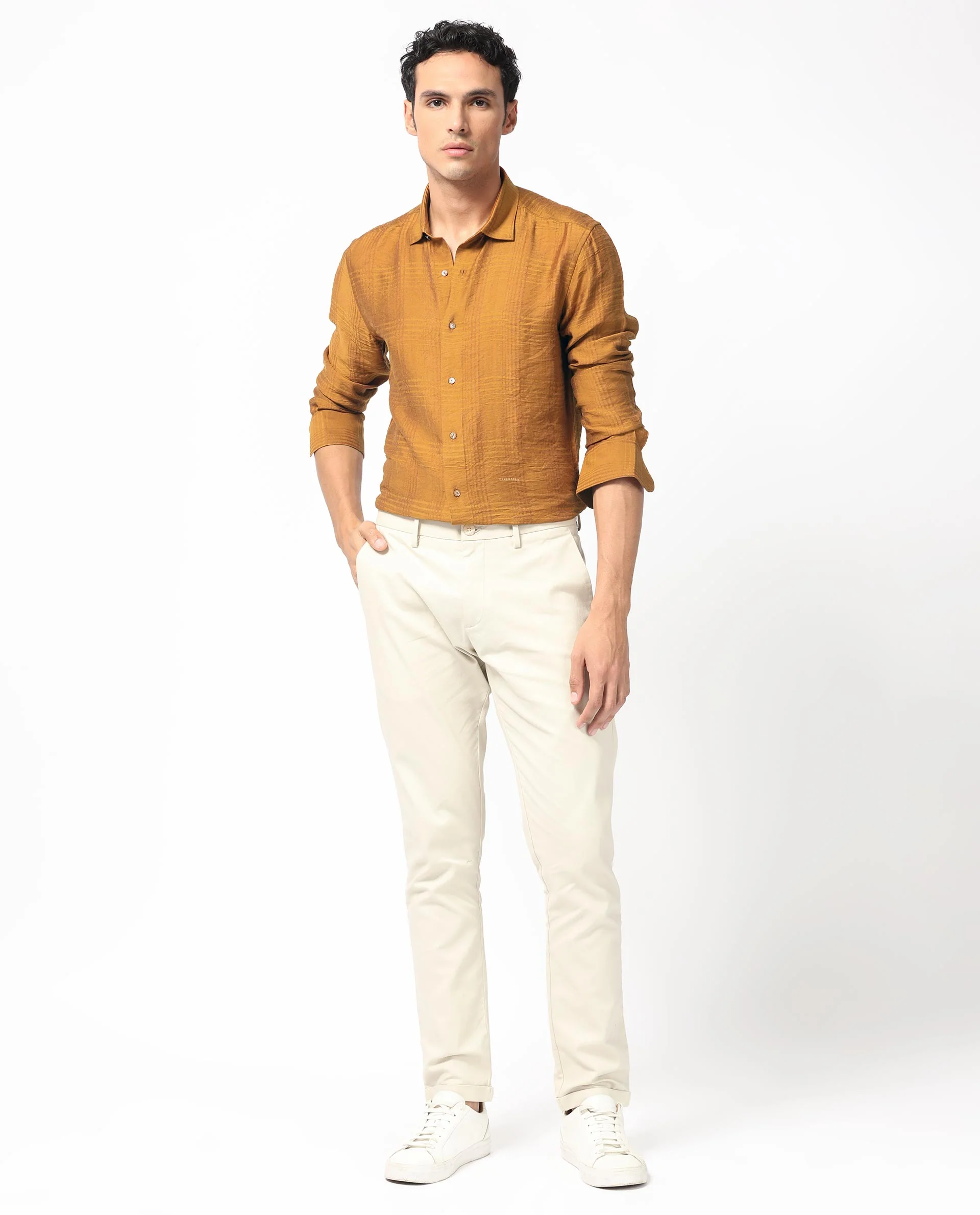 Rare Rabbit Men's Vagen Mustard Viscose Checked Print Regular Fit Full Sleeve Collared Shirt - Image 2