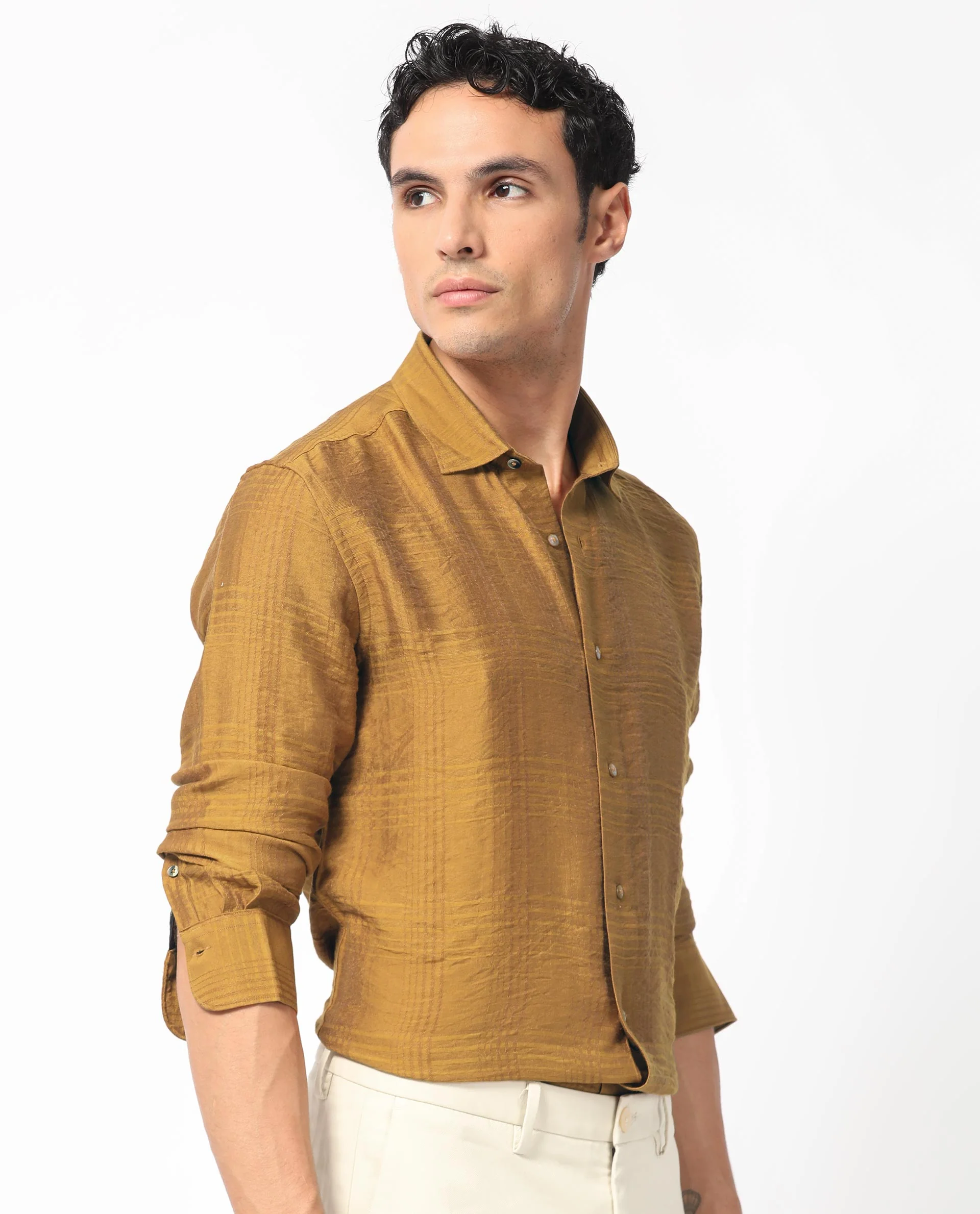 Rare Rabbit Men's Vagen Mustard Viscose Checked Print Regular Fit Full Sleeve Collared Shirt - Image 3