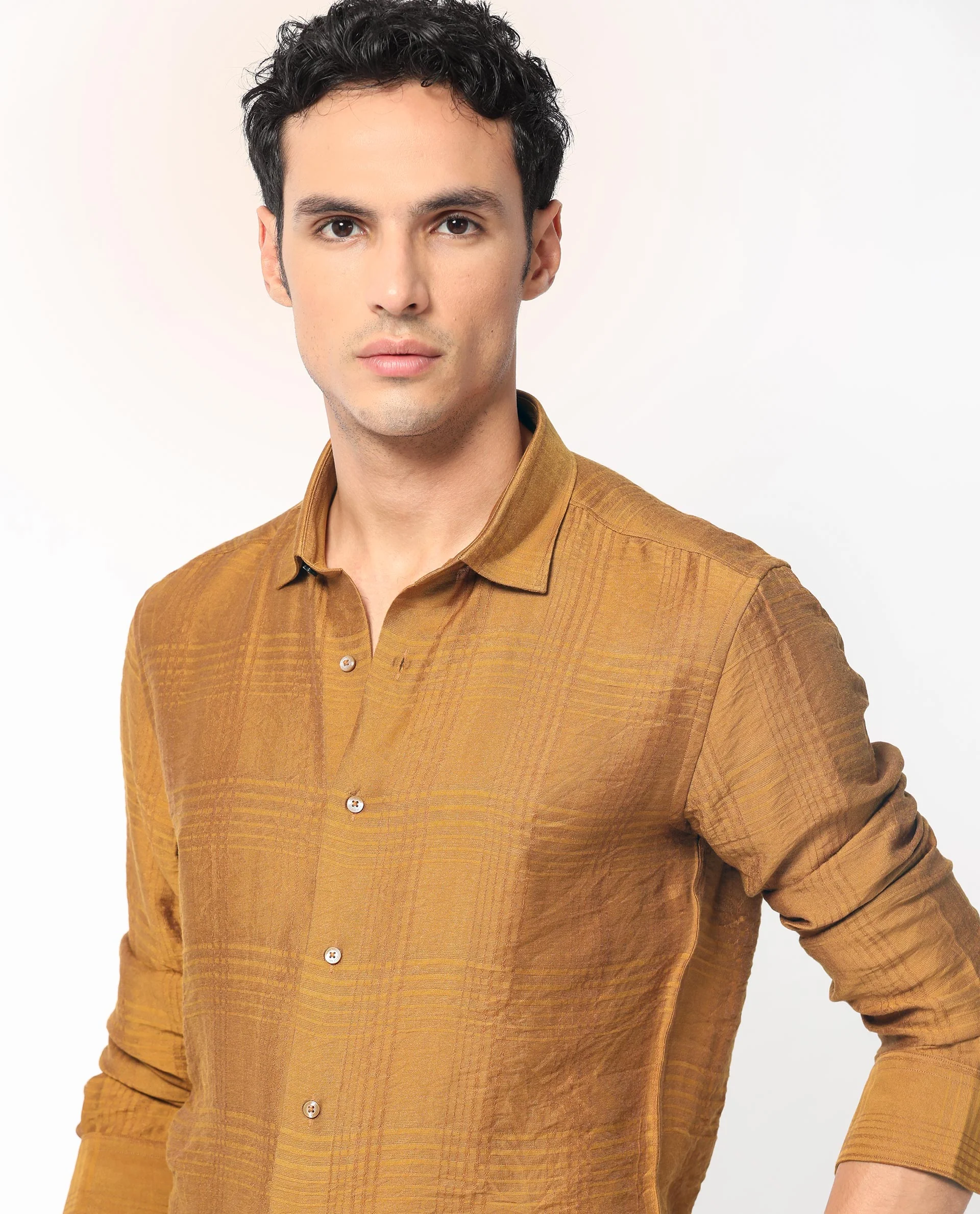 Rare Rabbit Men's Vagen Mustard Viscose Checked Print Regular Fit Full Sleeve Collared Shirt - Image 6