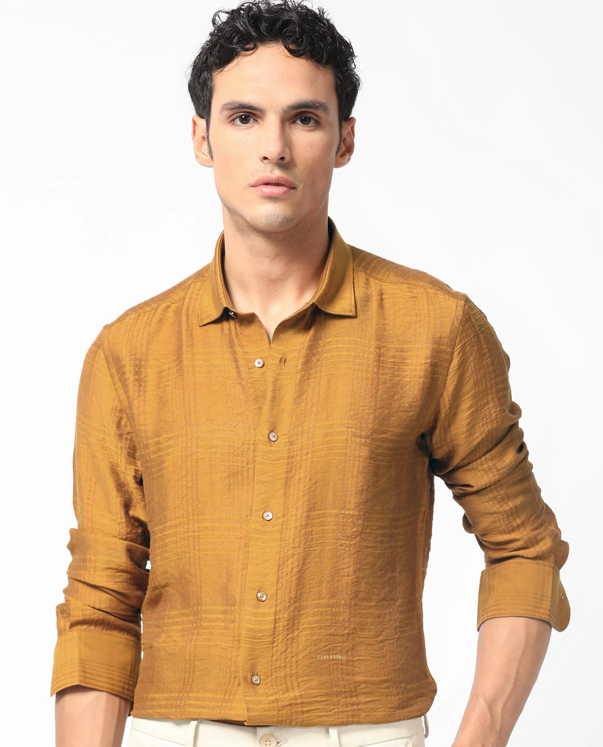 Rare Rabbit Men's Vagen Mustard Viscose Checked Print Regular Fit Full Sleeve Collared Shirt - Image 7