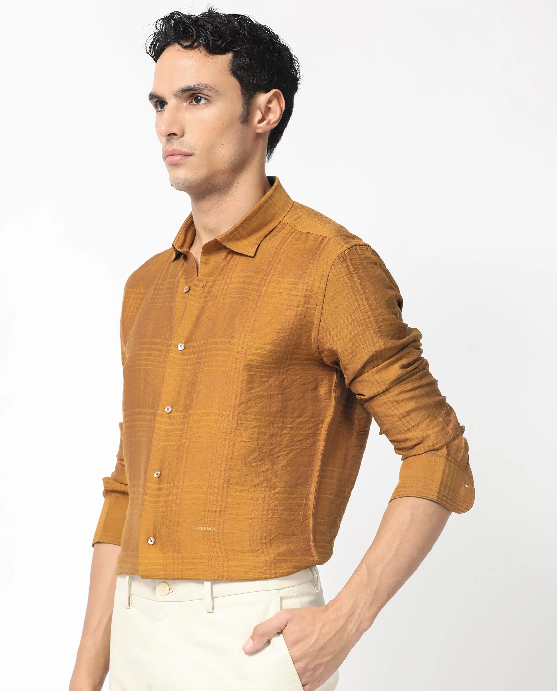 Rare Rabbit Men's Vagen Mustard Viscose Checked Print Regular Fit Full Sleeve Collared Shirt - Image 8