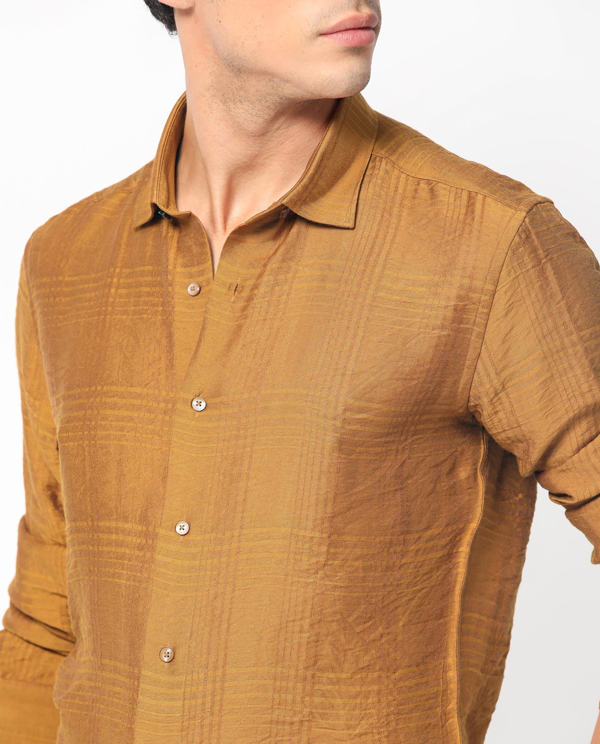 Rare Rabbit Men's Vagen Mustard Viscose Checked Print Regular Fit Full Sleeve Collared Shirt - Image 9