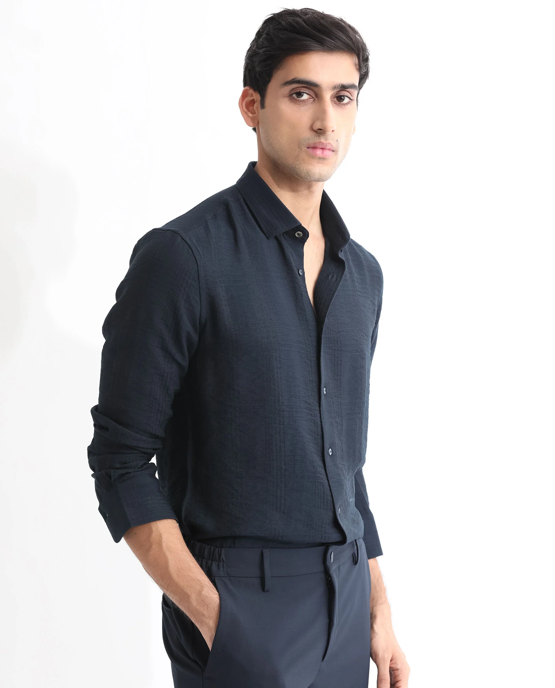 Rare Rabbit Men's Vagen Navy Viscose Checked Print Regular Fit Full Sleeve Collared Shirt - Image 3