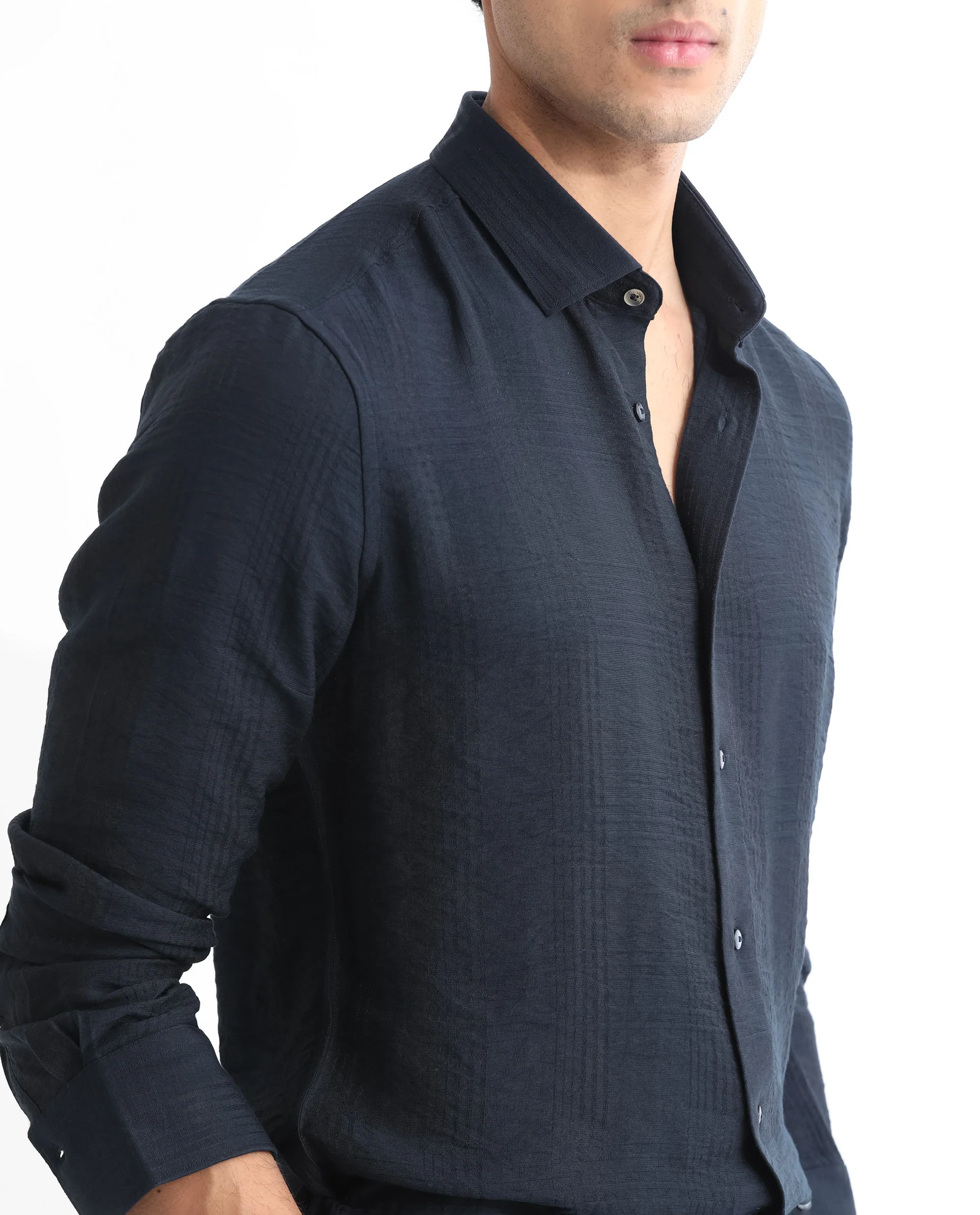 Rare Rabbit Men's Vagen Navy Viscose Checked Print Regular Fit Full Sleeve Collared Shirt - Image 7