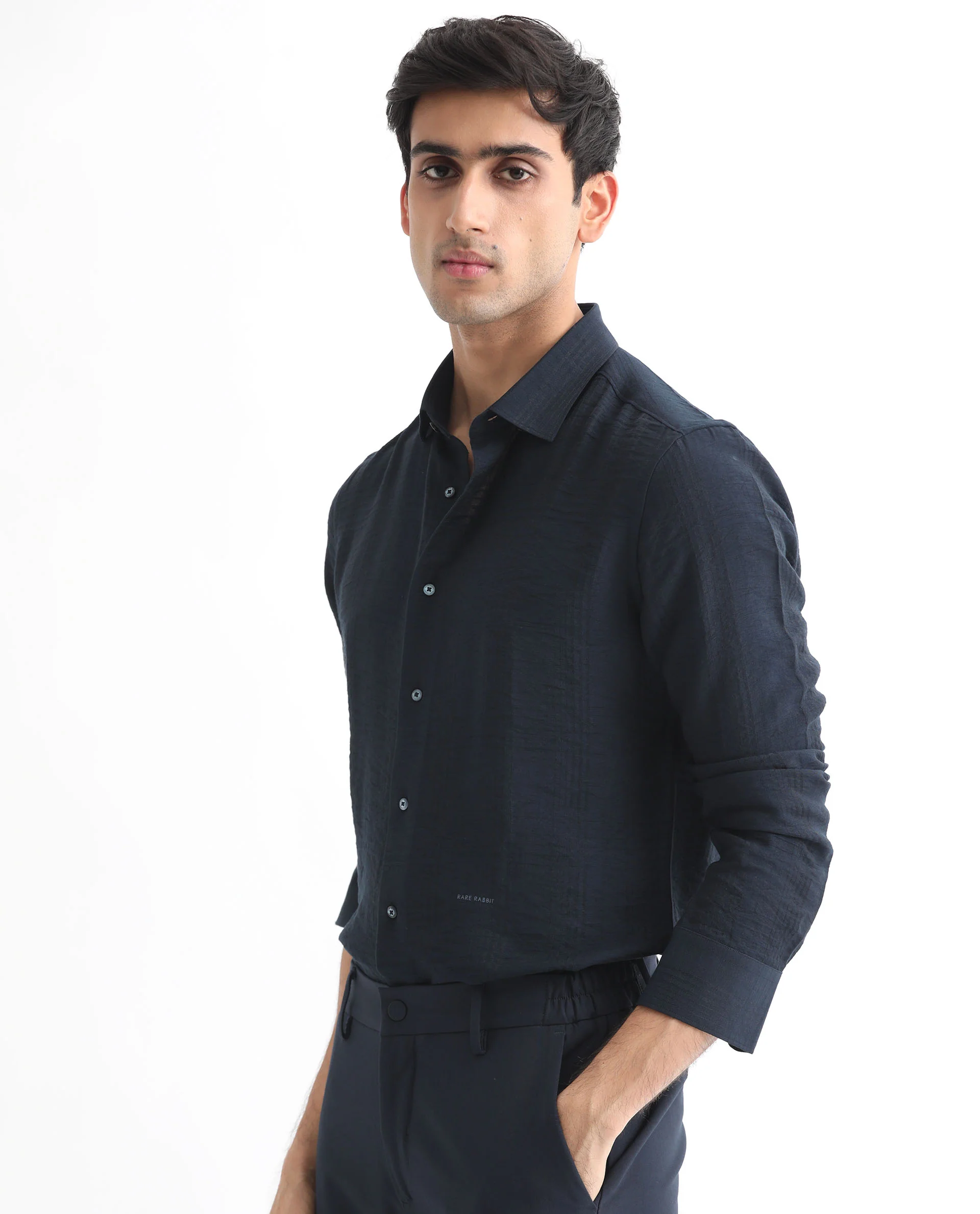 Rare Rabbit Men's Vagen Navy Viscose Checked Print Regular Fit Full Sleeve Collared Shirt - Image 8