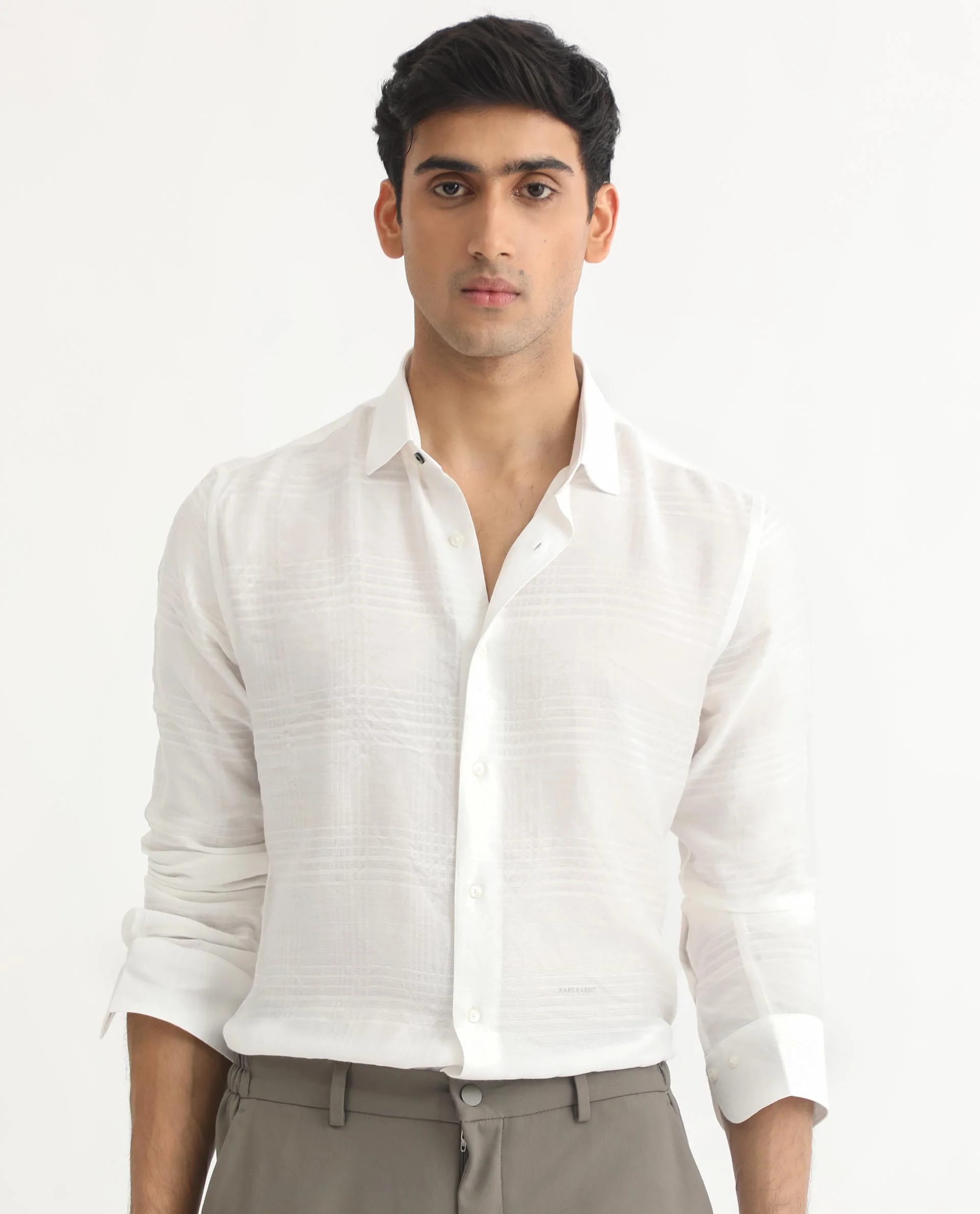 Rare Rabbit Men's Vagen Off White Viscose Checked Print Regular Fit Full Sleeve Collared Shirt - Image 7