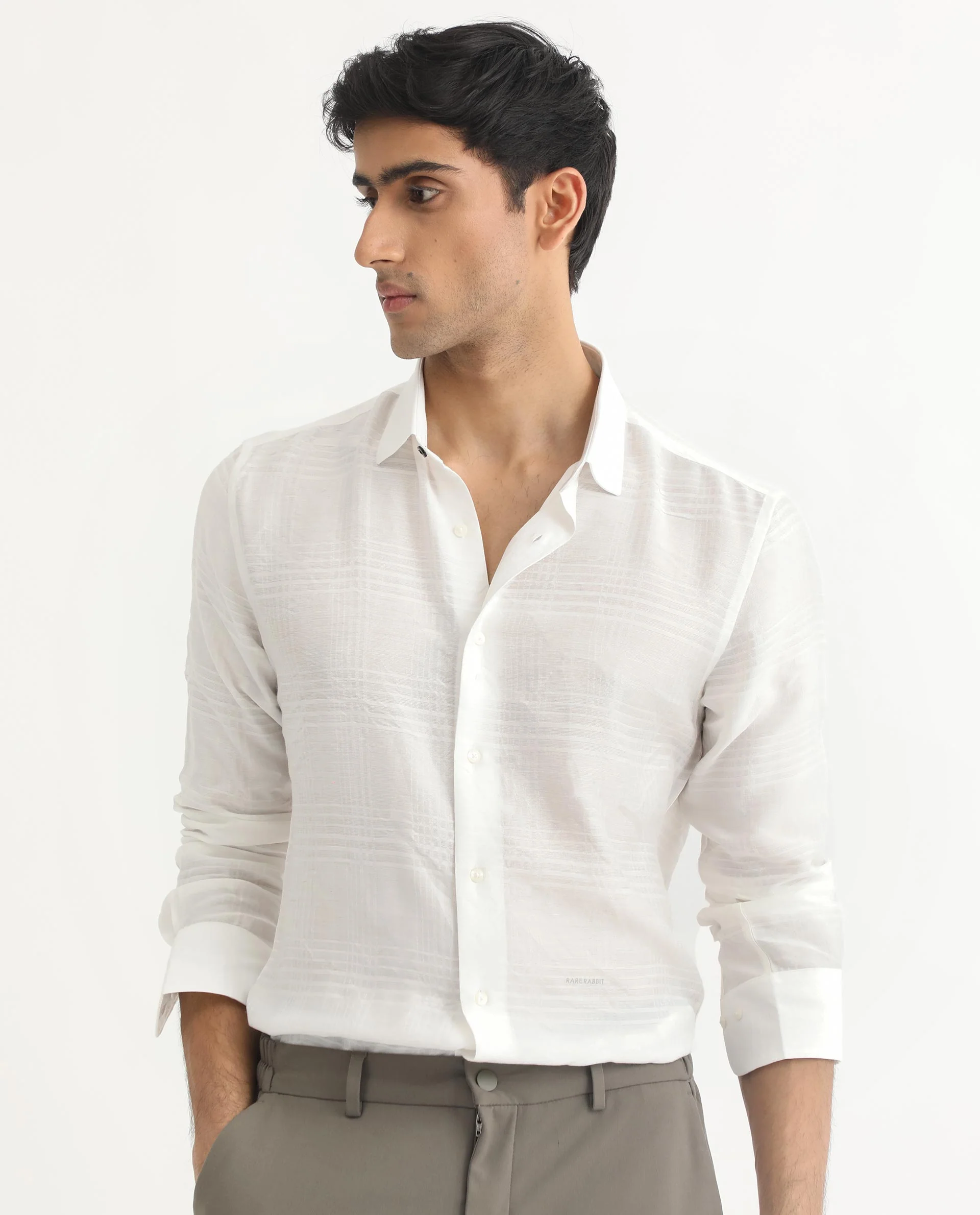 Rare Rabbit Men's Vagen Off White Viscose Checked Print Regular Fit Full Sleeve Collared Shirt - Image 8