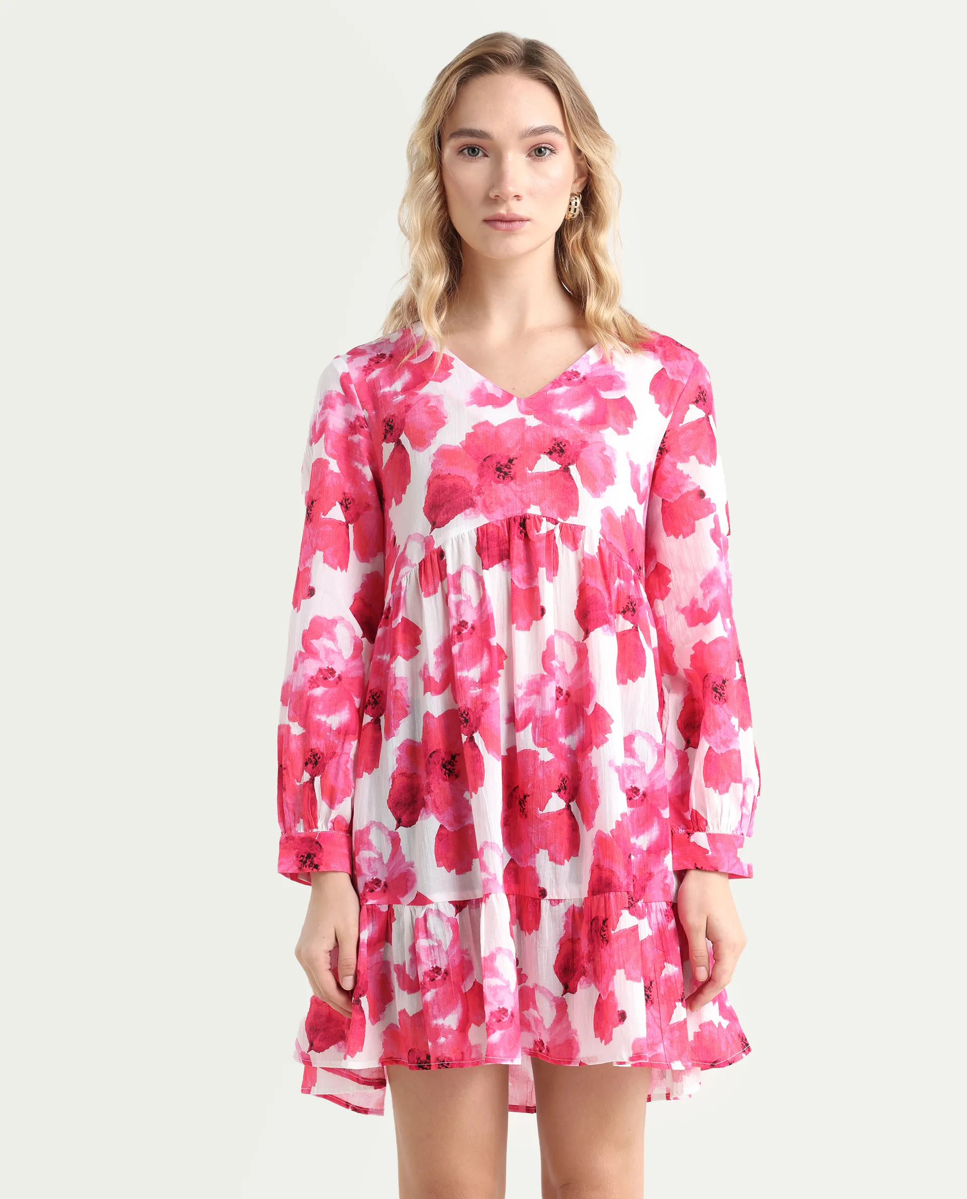Rareism Women's Valan Pink Cotton V-Neck Floral Print Mini Fit And Flare Dress - Image 3