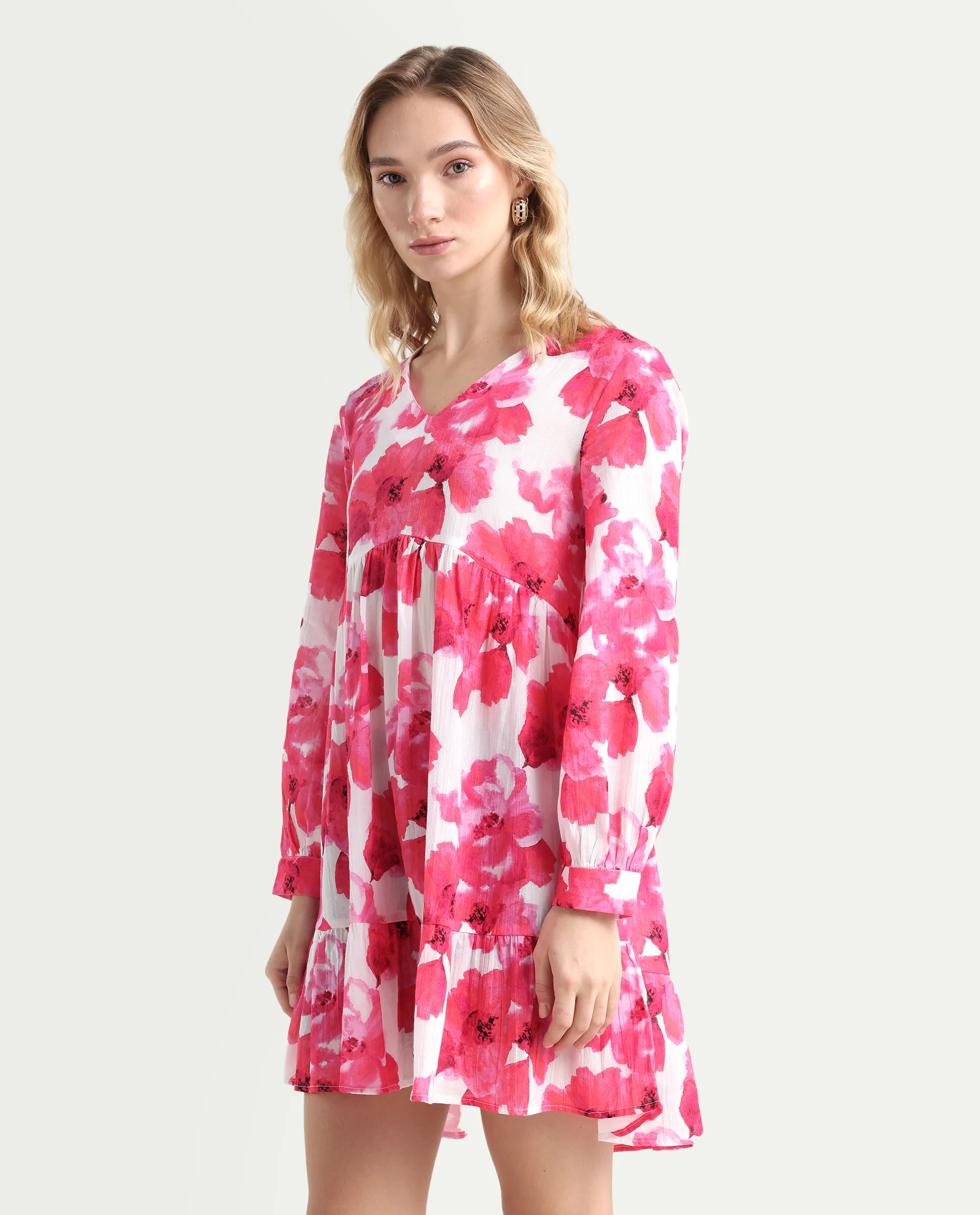 Rareism Women's Valan Pink Cotton V-Neck Floral Print Mini Fit And Flare Dress - Image 5
