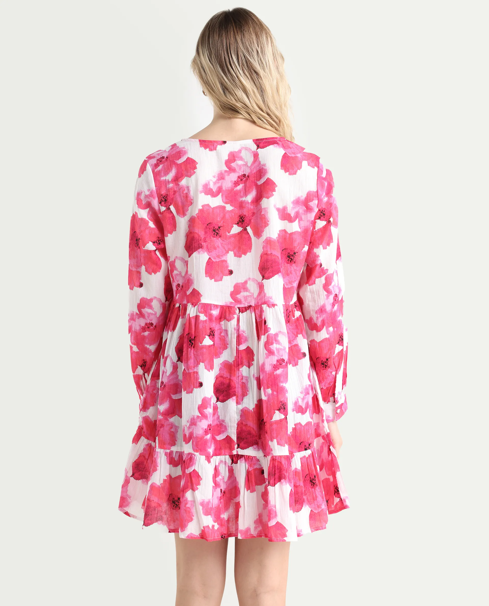 Rareism Women's Valan Pink Cotton V-Neck Floral Print Mini Fit And Flare Dress - Image 7