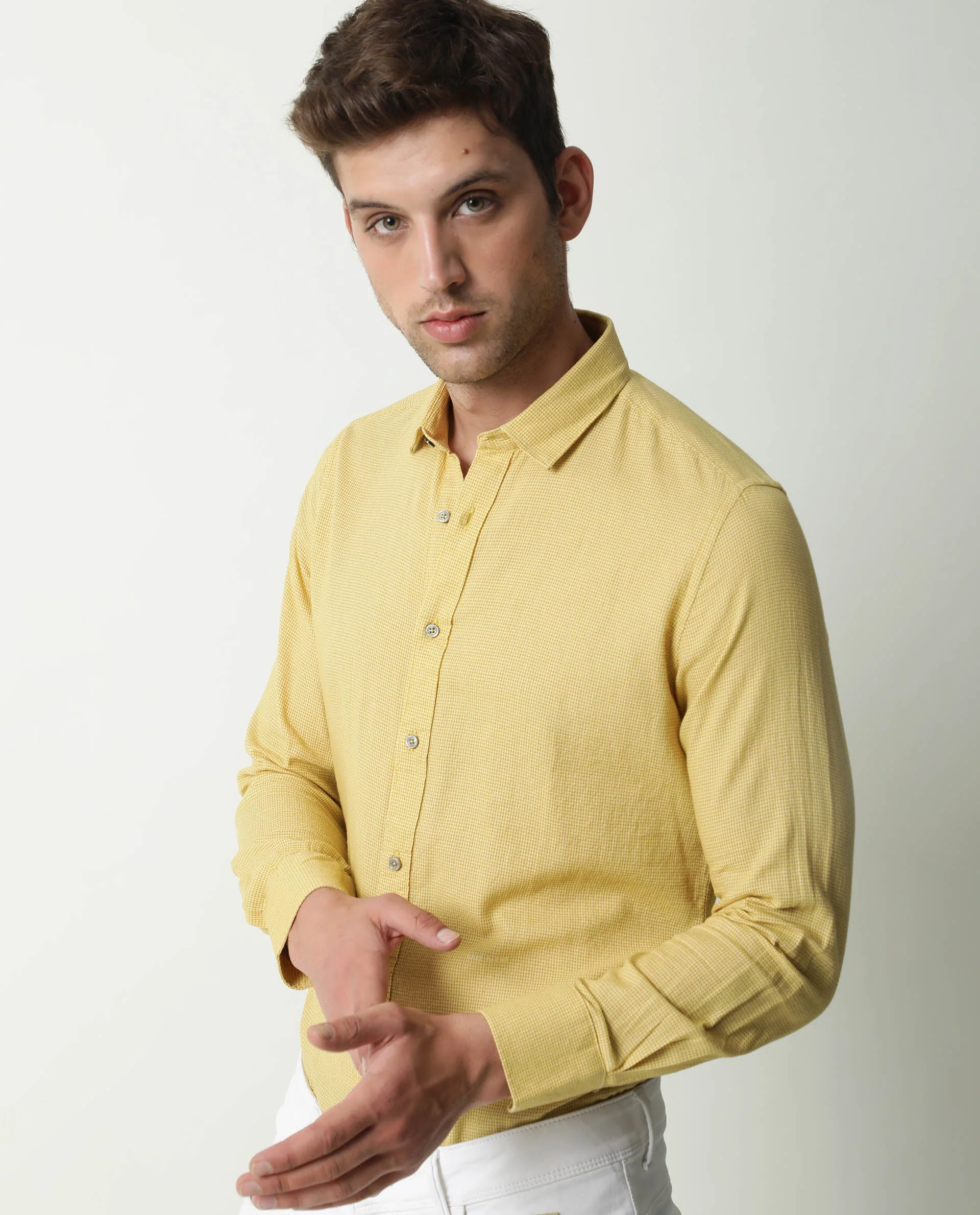 Rare Rabbit Men's Valby Mustard Cotton Plain Regular Fit Full Sleeve Spread Collar Shirt - Image 3