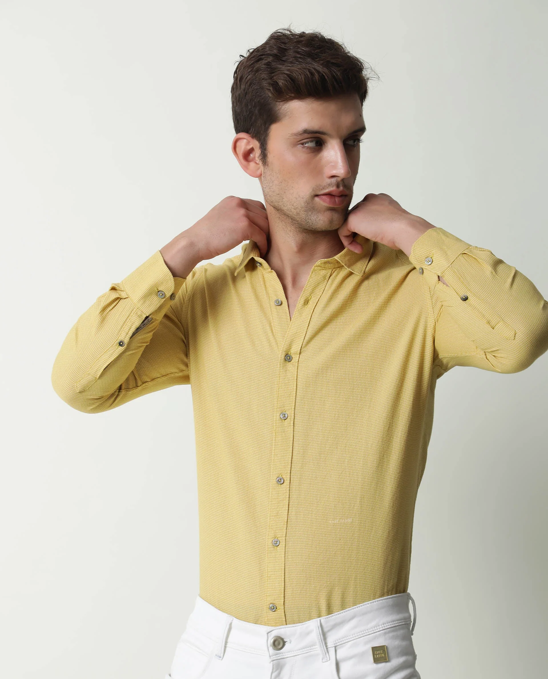 Rare Rabbit Men's Valby Mustard Cotton Plain Regular Fit Full Sleeve Spread Collar Shirt - Image 6