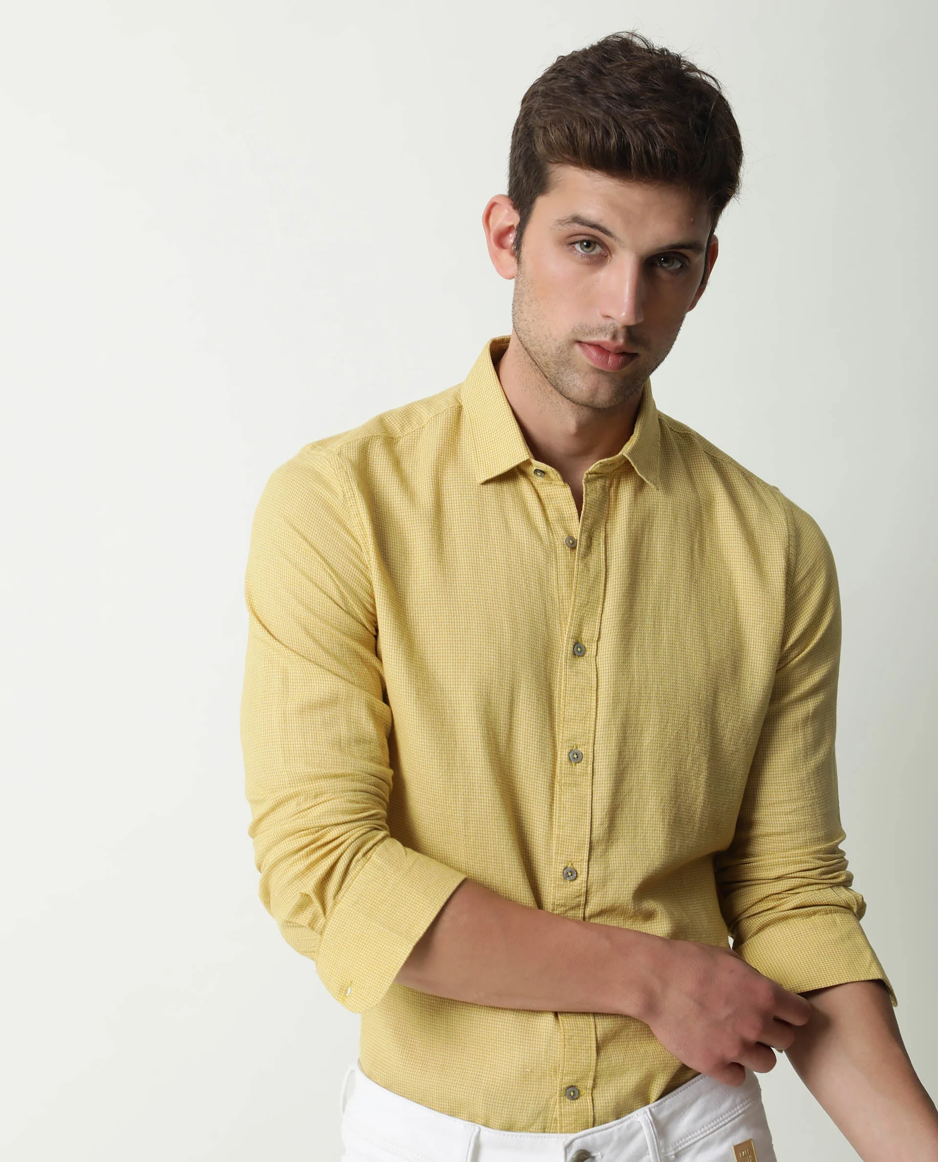 Rare Rabbit Men's Valby Mustard Cotton Plain Regular Fit Full Sleeve Spread Collar Shirt - Image 8