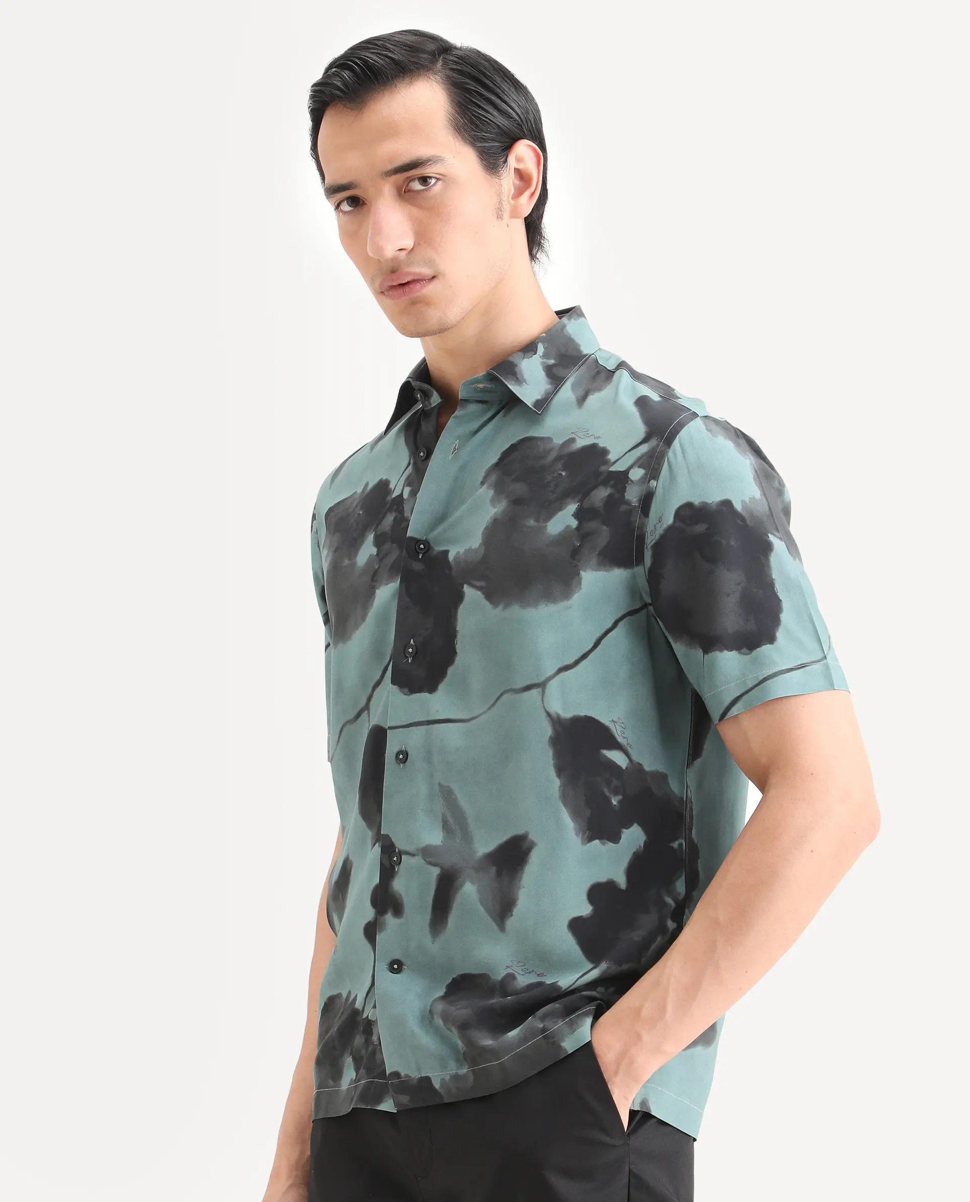 Rare Rabbit Men's Vale Dusky Green Viscose Fabric Full Sleeve Spread Collar Regular Fit Abstract Print Shirt - Image 4