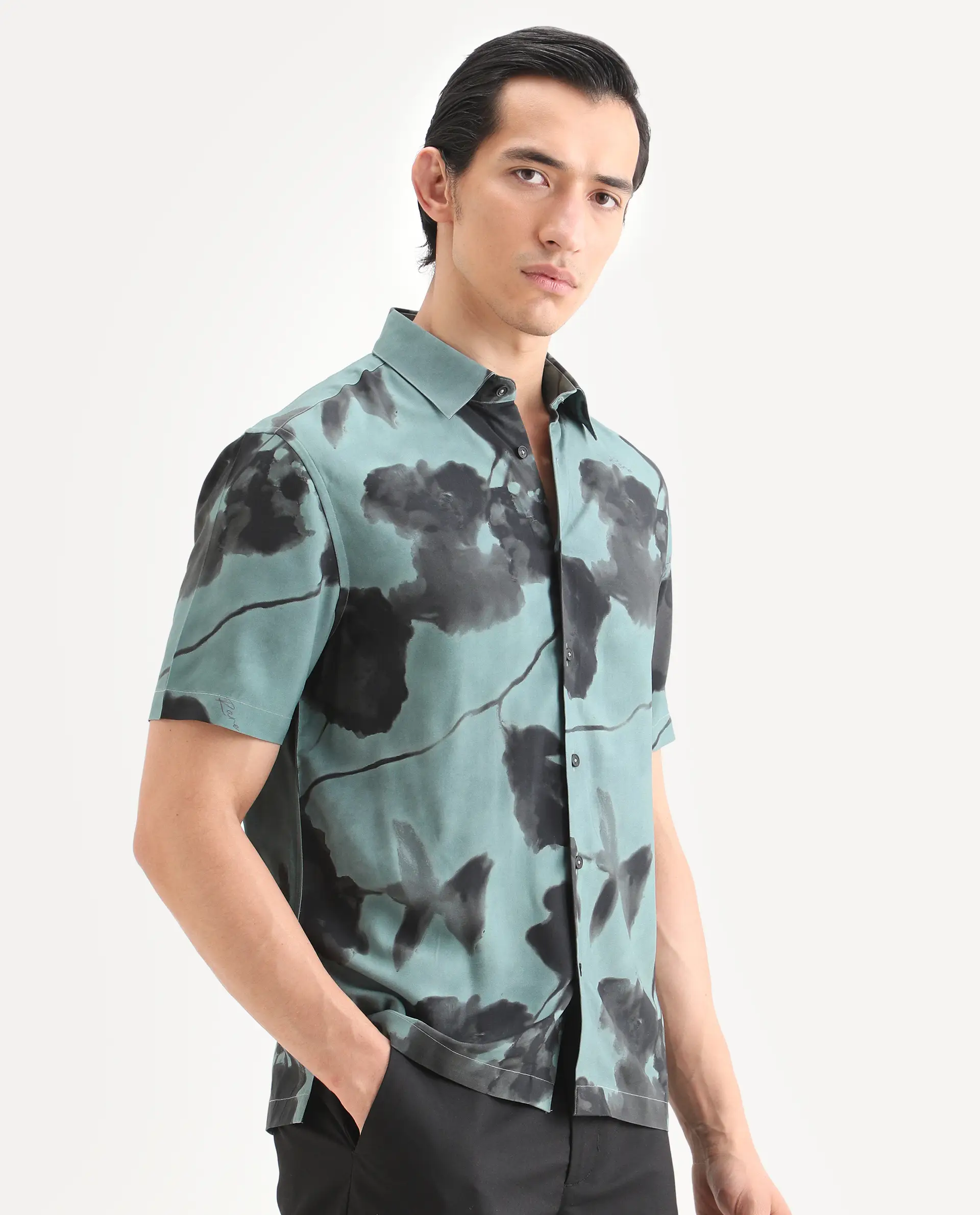Rare Rabbit Men's Vale Dusky Green Viscose Fabric Full Sleeve Spread Collar Regular Fit Abstract Print Shirt - Image 6