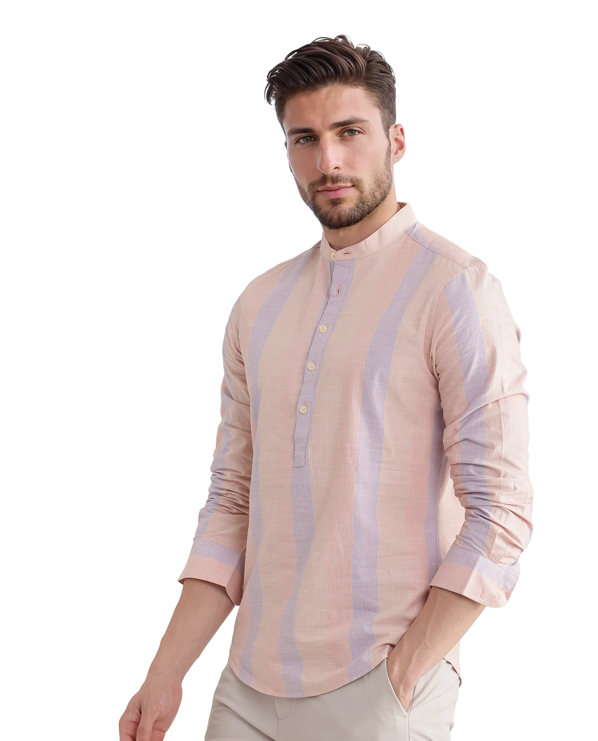 Rare Rabbit Men's Vale Light Orange Cotton Striped Print Regular Fit Full Sleeve Mandarin Collar Shirt