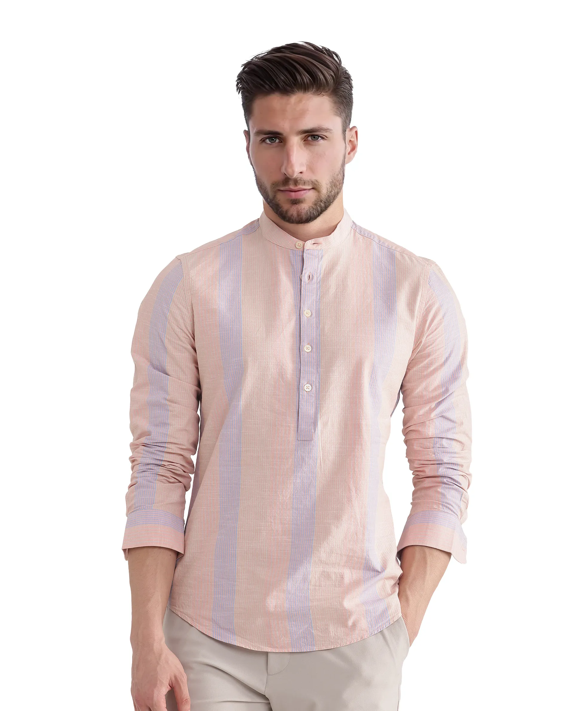 Rare Rabbit Men's Vale Light Orange Cotton Striped Print Regular Fit Full Sleeve Mandarin Collar Shirt - Image 2