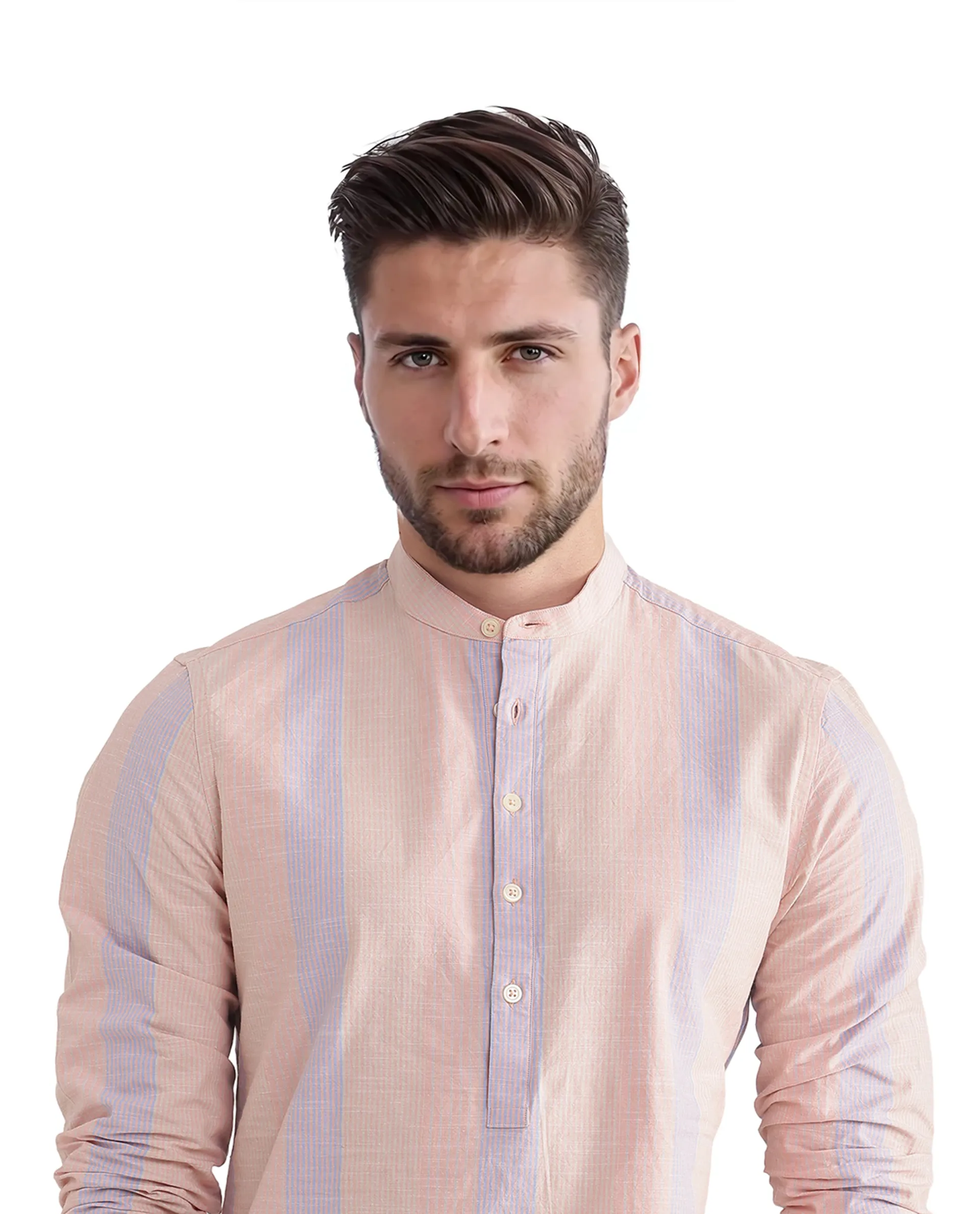 Rare Rabbit Men's Vale Light Orange Cotton Striped Print Regular Fit Full Sleeve Mandarin Collar Shirt - Image 3
