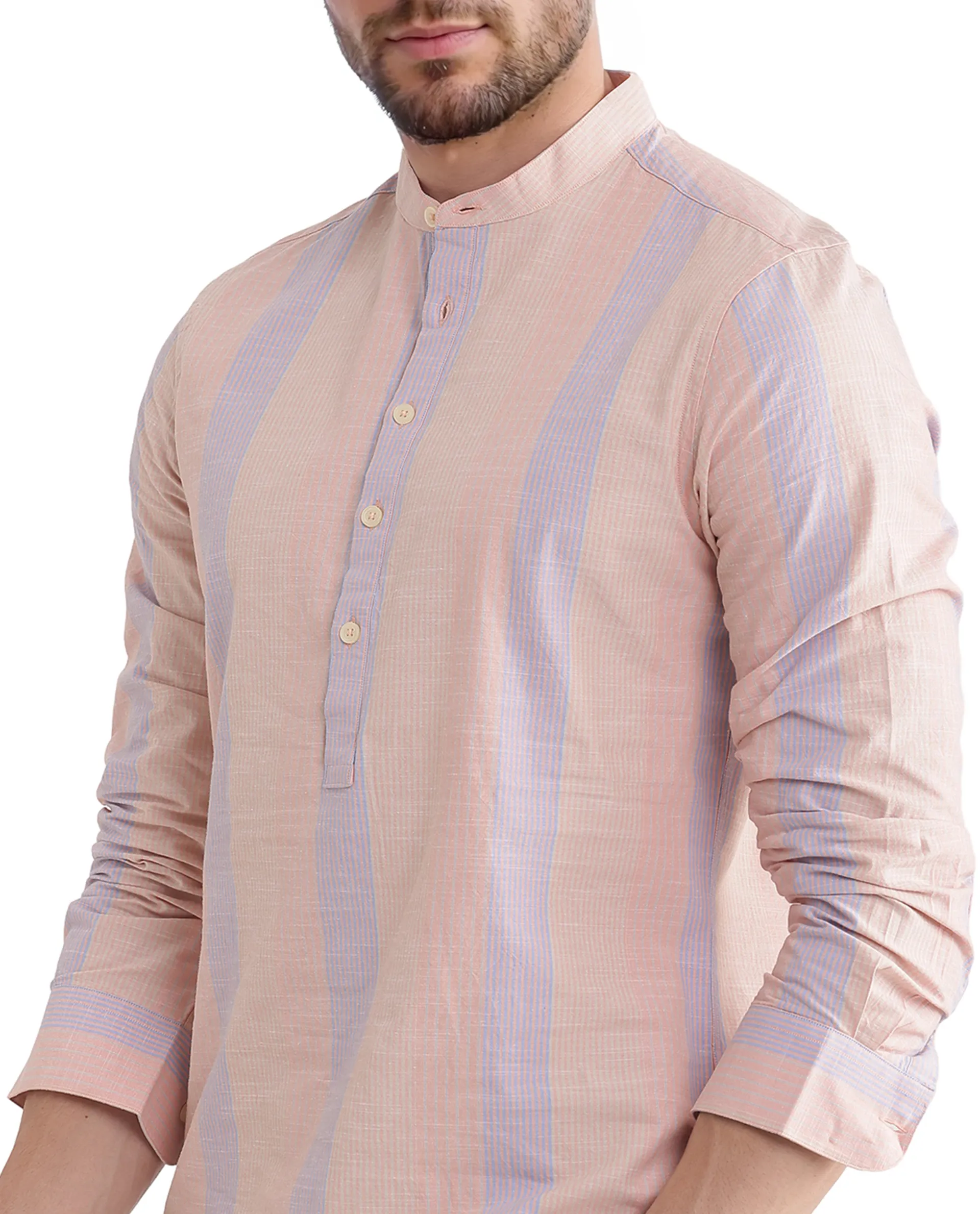 Rare Rabbit Men's Vale Light Orange Cotton Striped Print Regular Fit Full Sleeve Mandarin Collar Shirt - Image 4