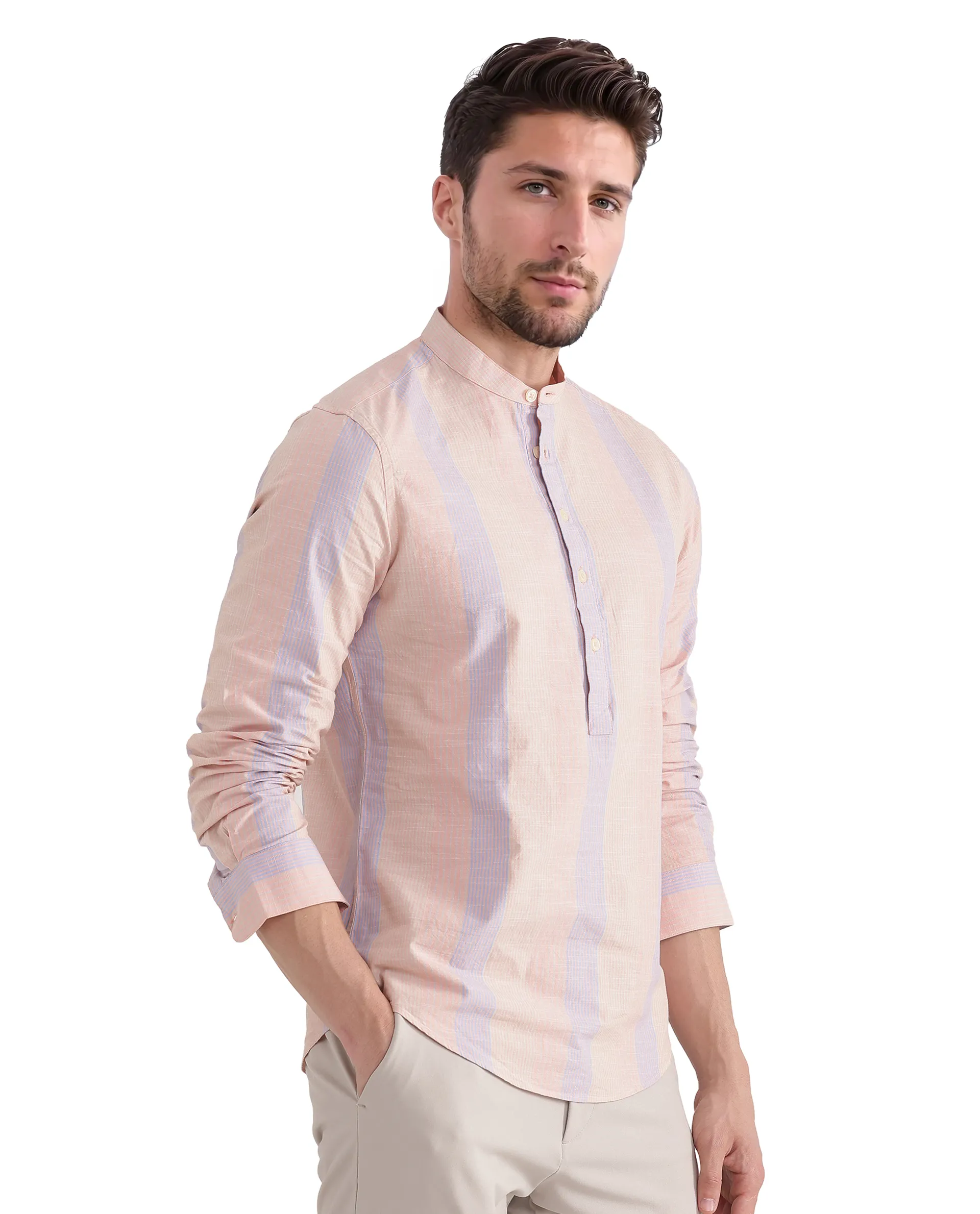 Rare Rabbit Men's Vale Light Orange Cotton Striped Print Regular Fit Full Sleeve Mandarin Collar Shirt - Image 5