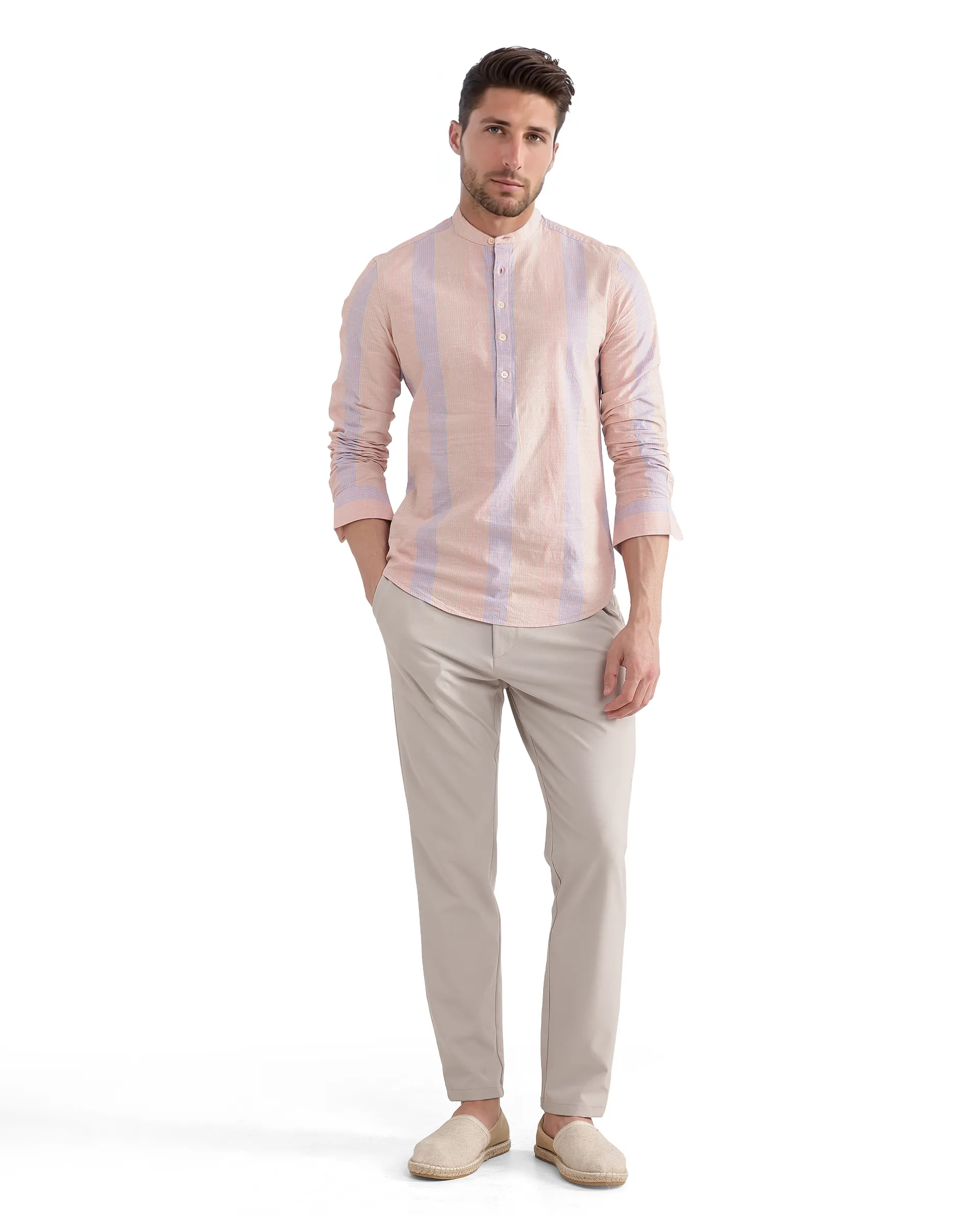 Rare Rabbit Men's Vale Light Orange Cotton Striped Print Regular Fit Full Sleeve Mandarin Collar Shirt - Image 6