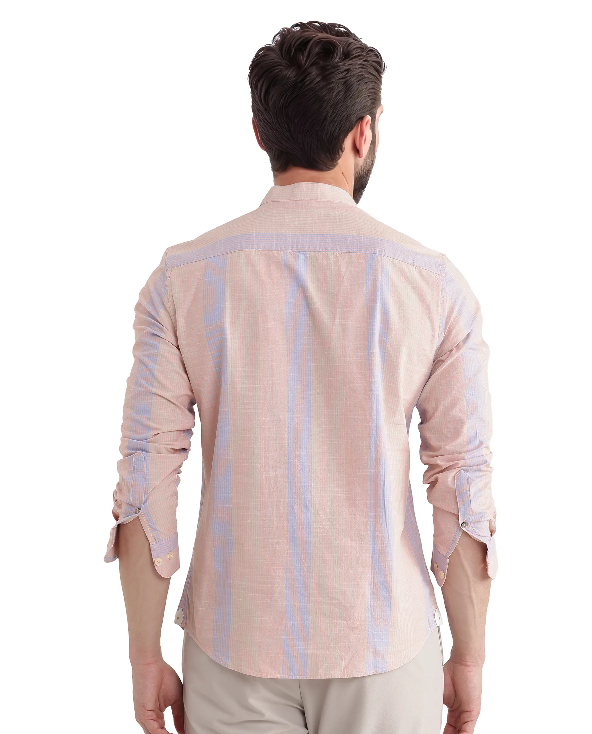 Rare Rabbit Men's Vale Light Orange Cotton Striped Print Regular Fit Full Sleeve Mandarin Collar Shirt - Image 7