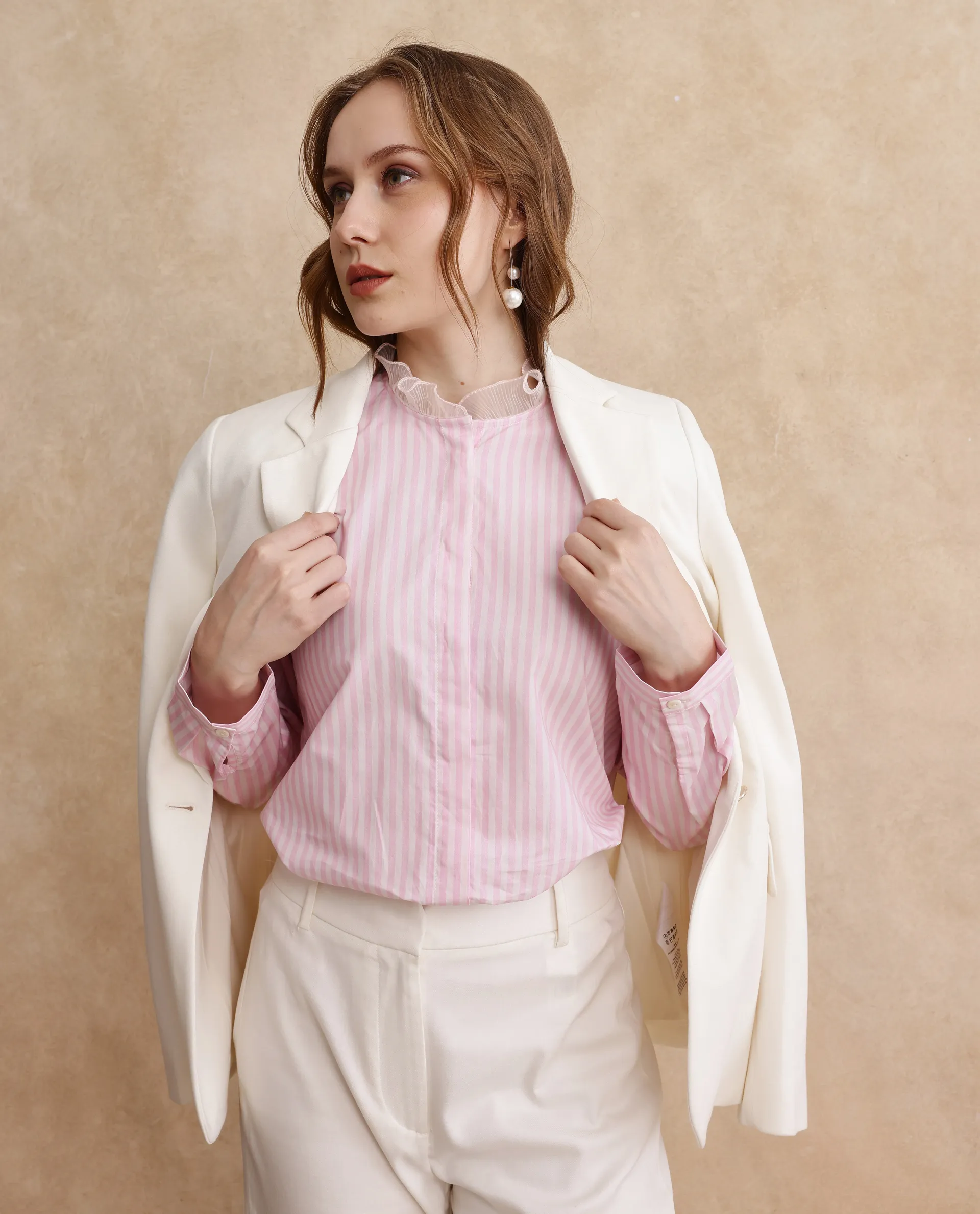 Rareism Women's Valencienne Light Pink Cotton Sweetheart Neck Striped Cuffed Sleeve Regular Fit Shirt - Image 10
