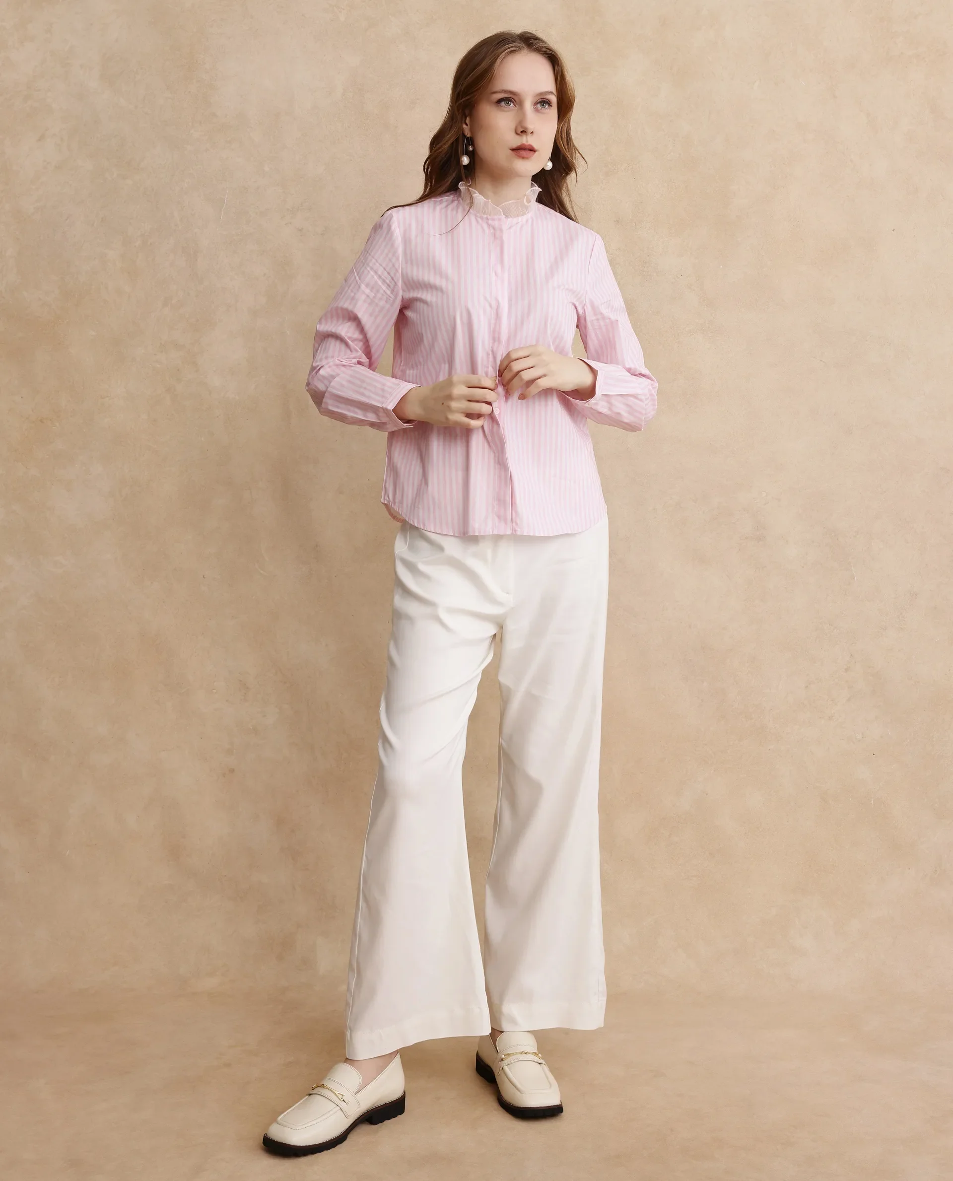 Rareism Women's Valencienne Light Pink Cotton Sweetheart Neck Striped Cuffed Sleeve Regular Fit Shirt - Image 2