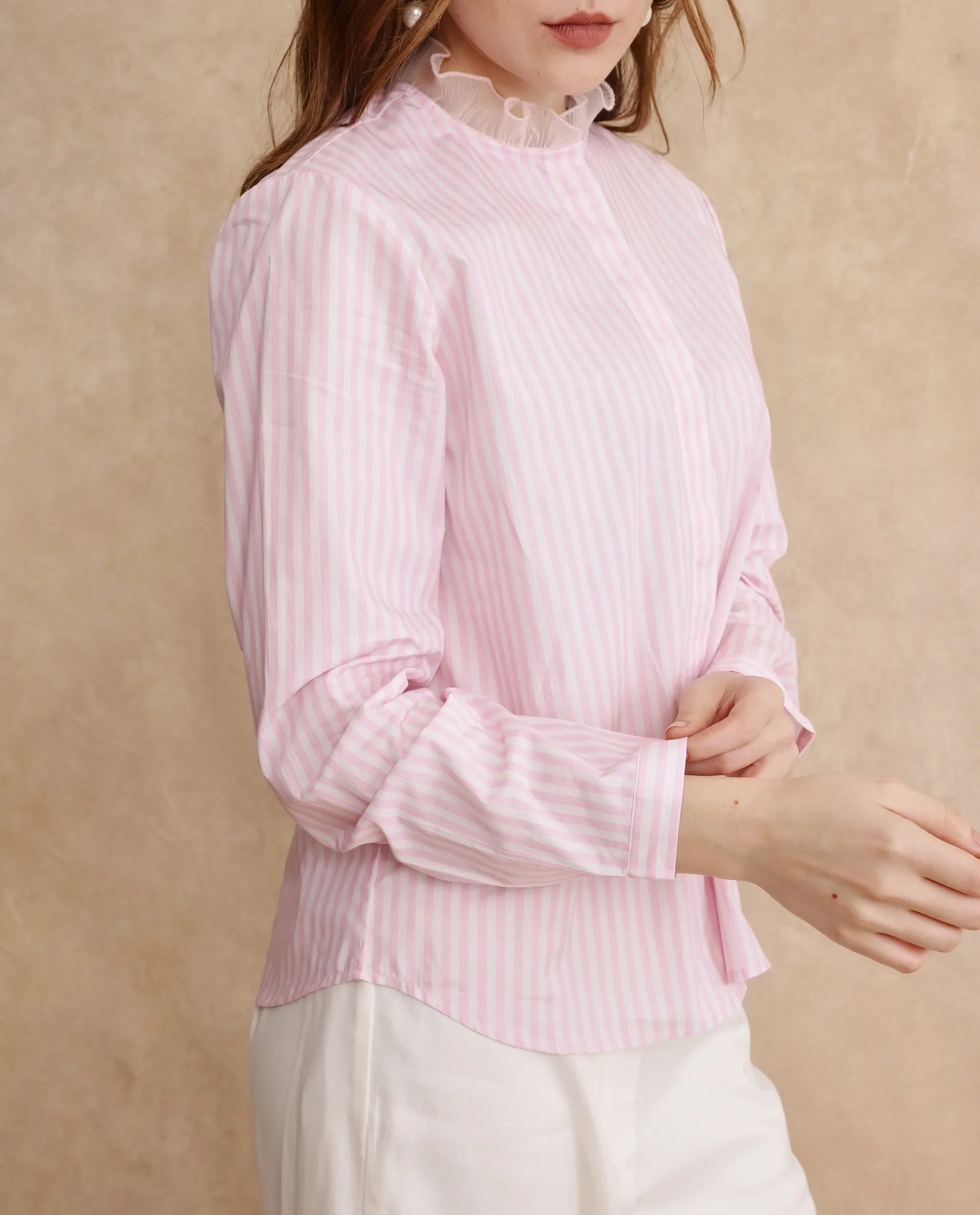 Rareism Women's Valencienne Light Pink Cotton Sweetheart Neck Striped Cuffed Sleeve Regular Fit Shirt - Image 4