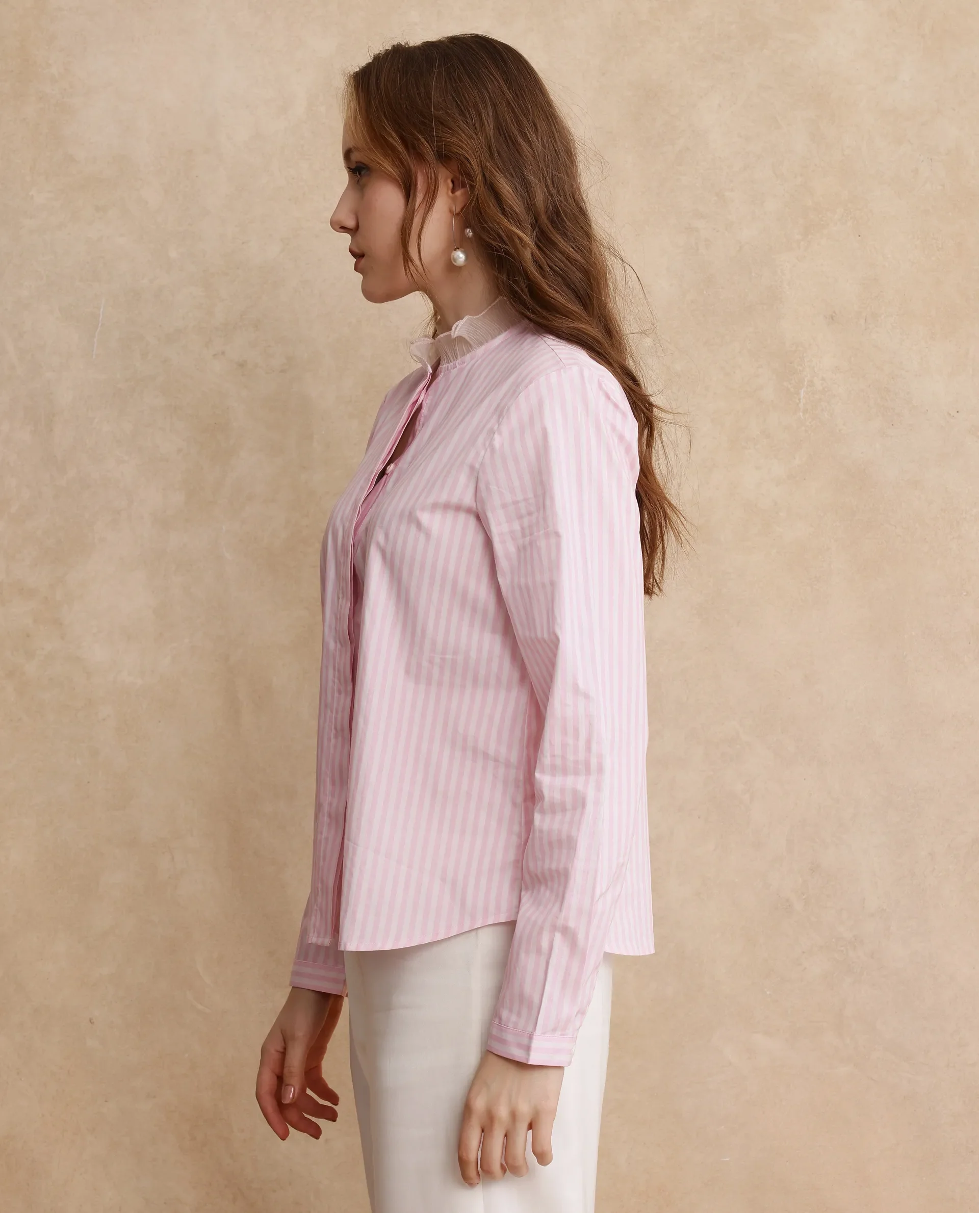 Rareism Women's Valencienne Light Pink Cotton Sweetheart Neck Striped Cuffed Sleeve Regular Fit Shirt - Image 5