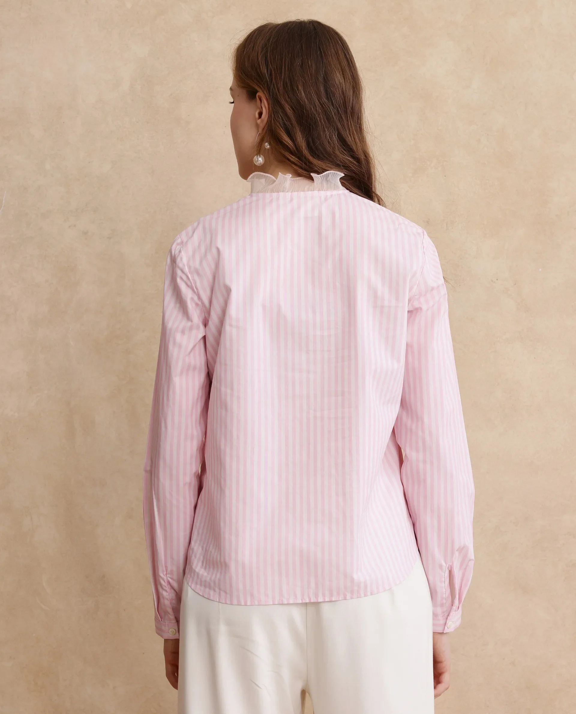 Rareism Women's Valencienne Light Pink Cotton Sweetheart Neck Striped Cuffed Sleeve Regular Fit Shirt - Image 7