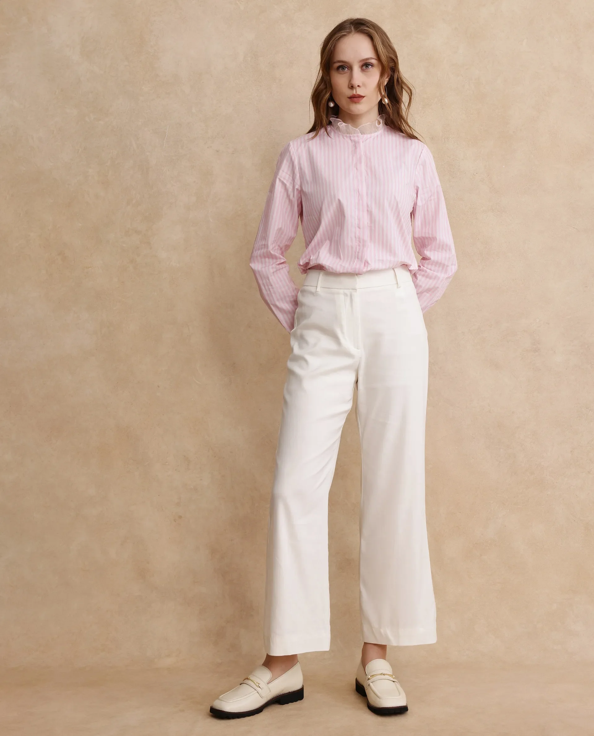 Rareism Women's Valencienne Light Pink Cotton Sweetheart Neck Striped Cuffed Sleeve Regular Fit Shirt - Image 8