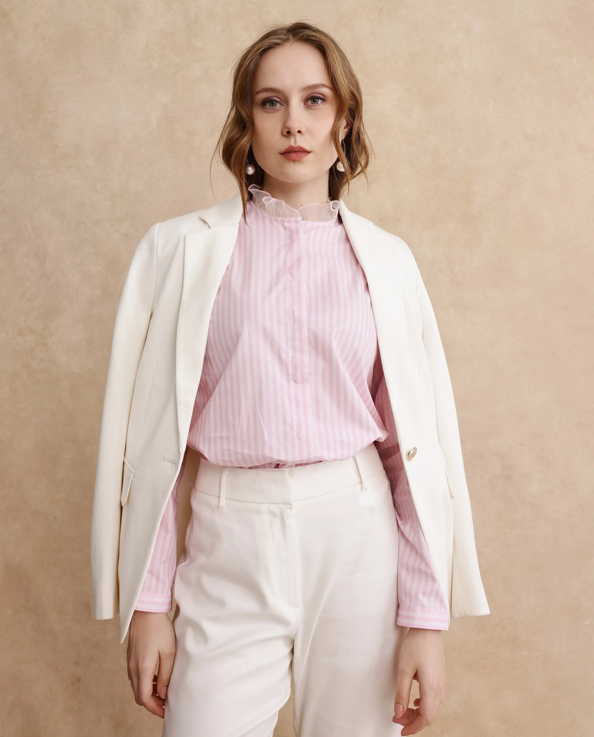Rareism Women's Valencienne Light Pink Cotton Sweetheart Neck Striped Cuffed Sleeve Regular Fit Shirt - Image 9