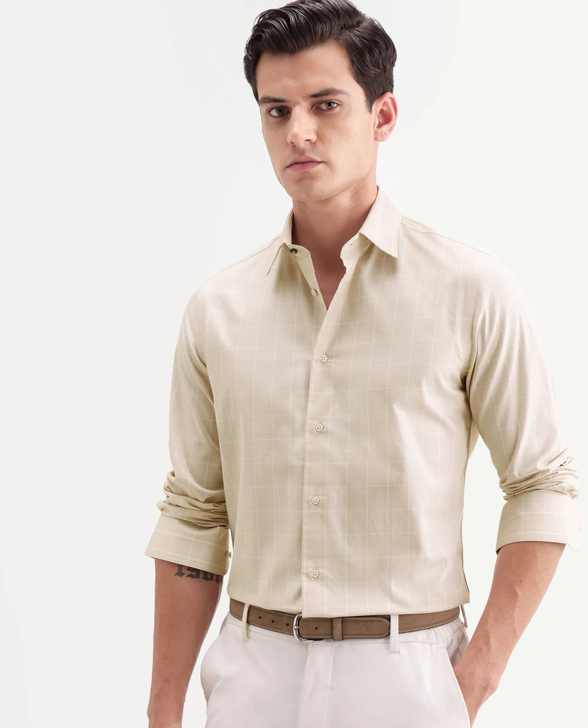 Rare Rabbit Men's Vales Light Beige Cotton Fabric Full Sleeve Spread Collar Button Regular Checked Shirt