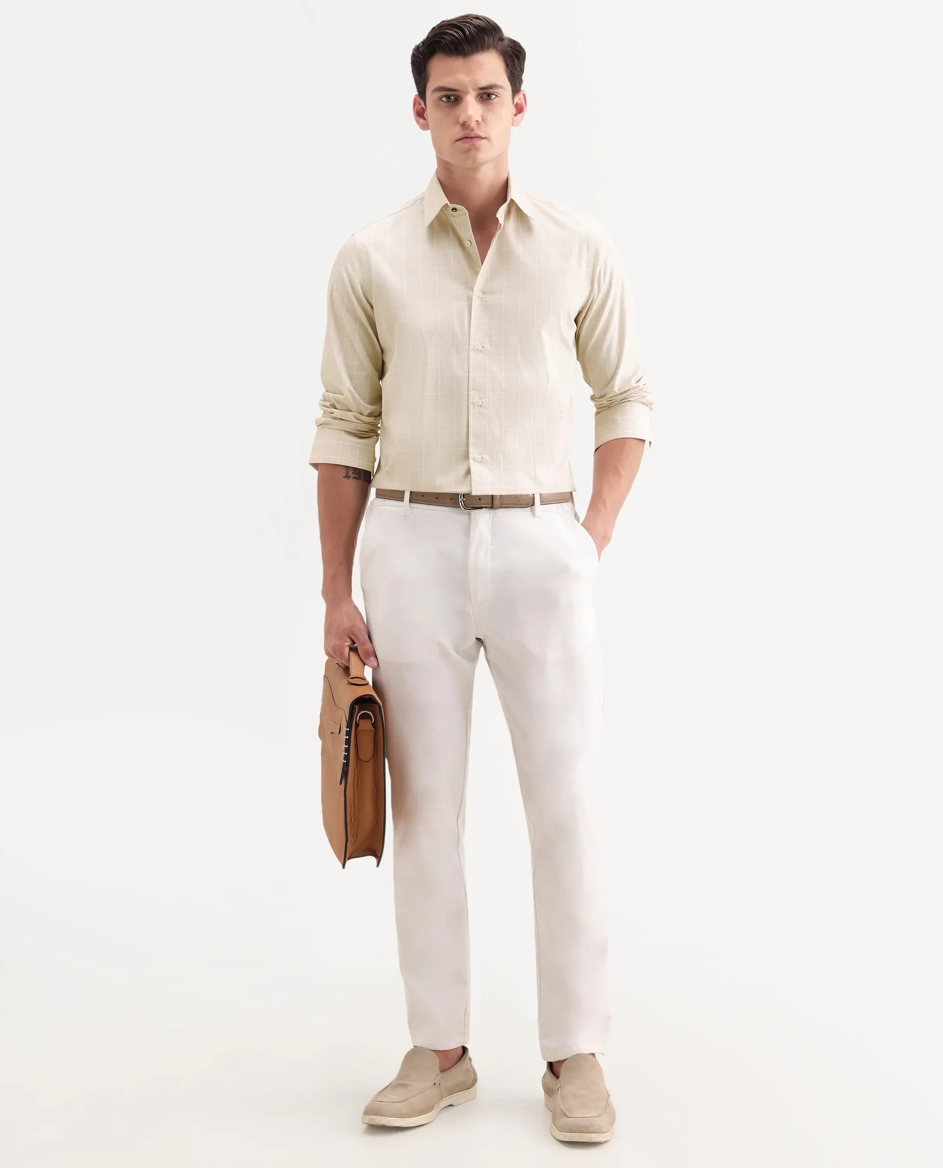 Rare Rabbit Men's Vales Light Beige Cotton Fabric Full Sleeve Spread Collar Button Regular Checked Shirt - Image 2