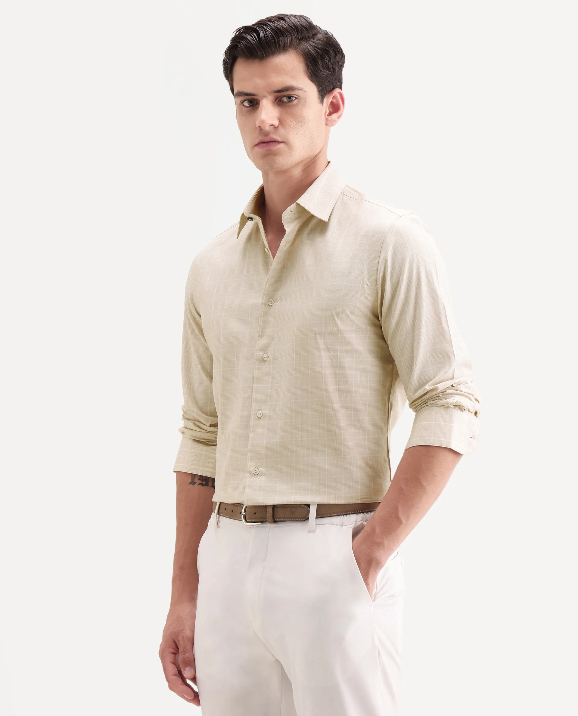 Rare Rabbit Men's Vales Light Beige Cotton Fabric Full Sleeve Spread Collar Button Regular Checked Shirt - Image 4