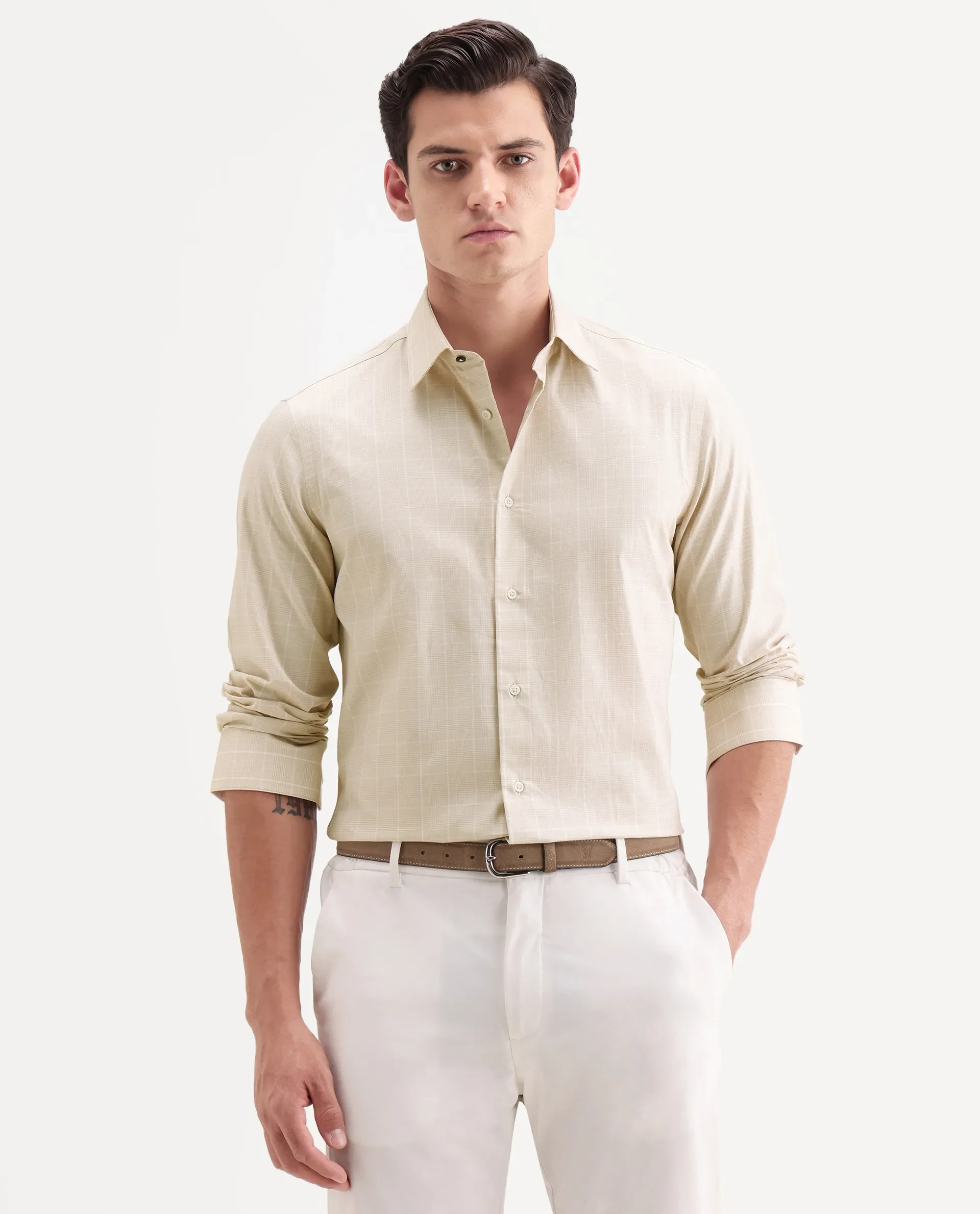 Rare Rabbit Men's Vales Light Beige Cotton Fabric Full Sleeve Spread Collar Button Regular Checked Shirt - Image 5
